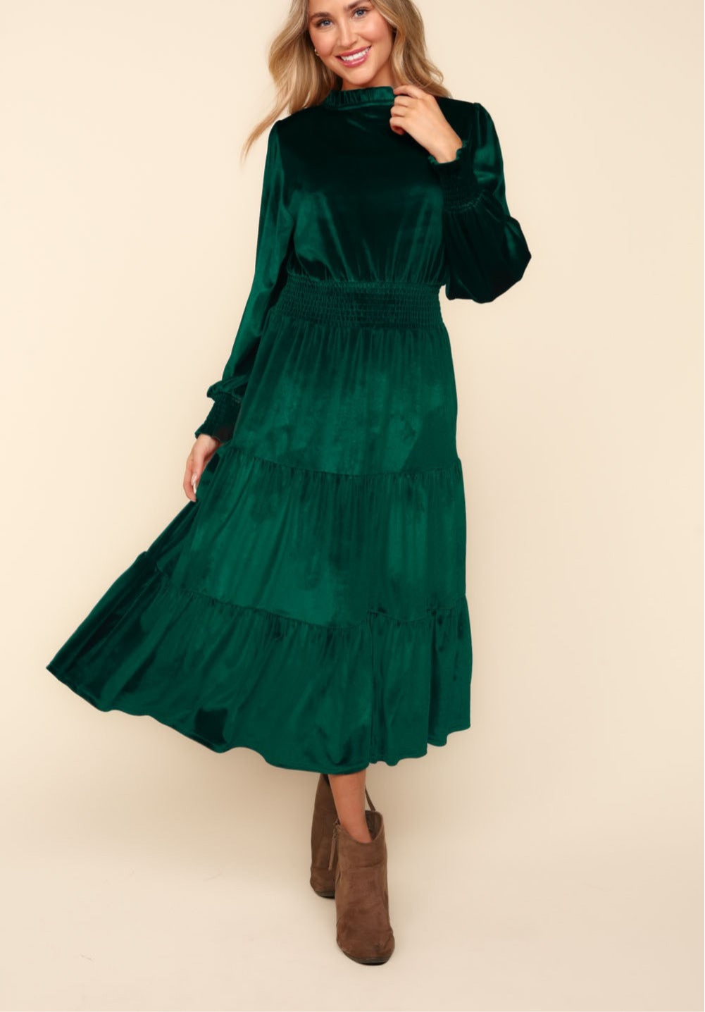 Haptics Mock Neck Smocked Waist Velvet Tiered Dress