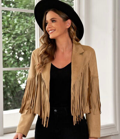 Fringe Trim Lapel Collar Cropped Blazer