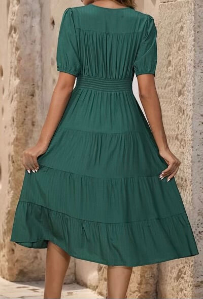 V-Neck Button Up Balloon Sleeve Midi Dress