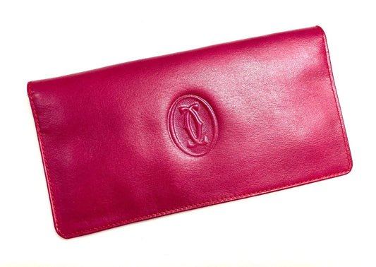 CARTIER VINTAGE MUST CC EMBOSSED LEATHER LONG WALLET BIFOLD FRANCE FUCHSIA PINK