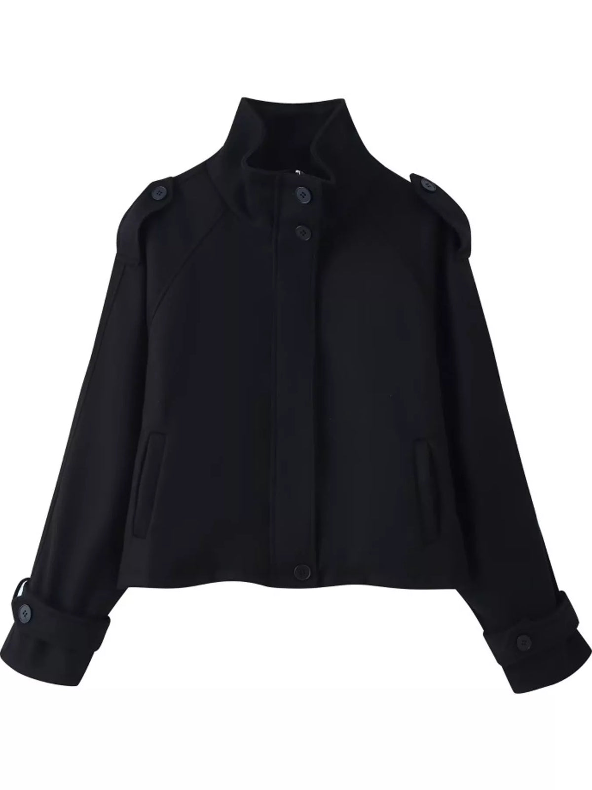Black stand-collar zip-up jacket shown on a flat lay, with snap button placket details.