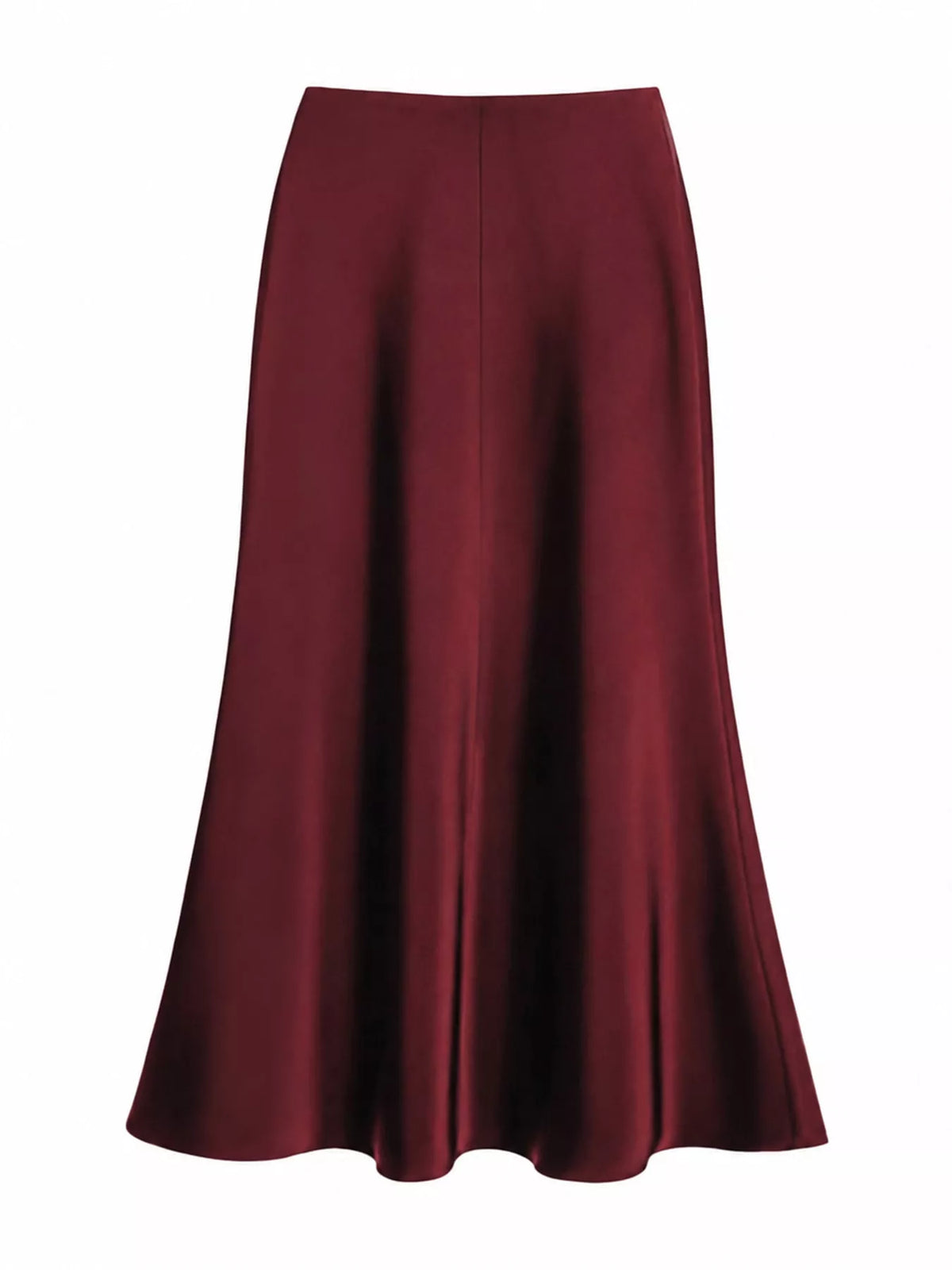 Burgundy satin midi skirt shown from the front, with a high waist and flared hem
