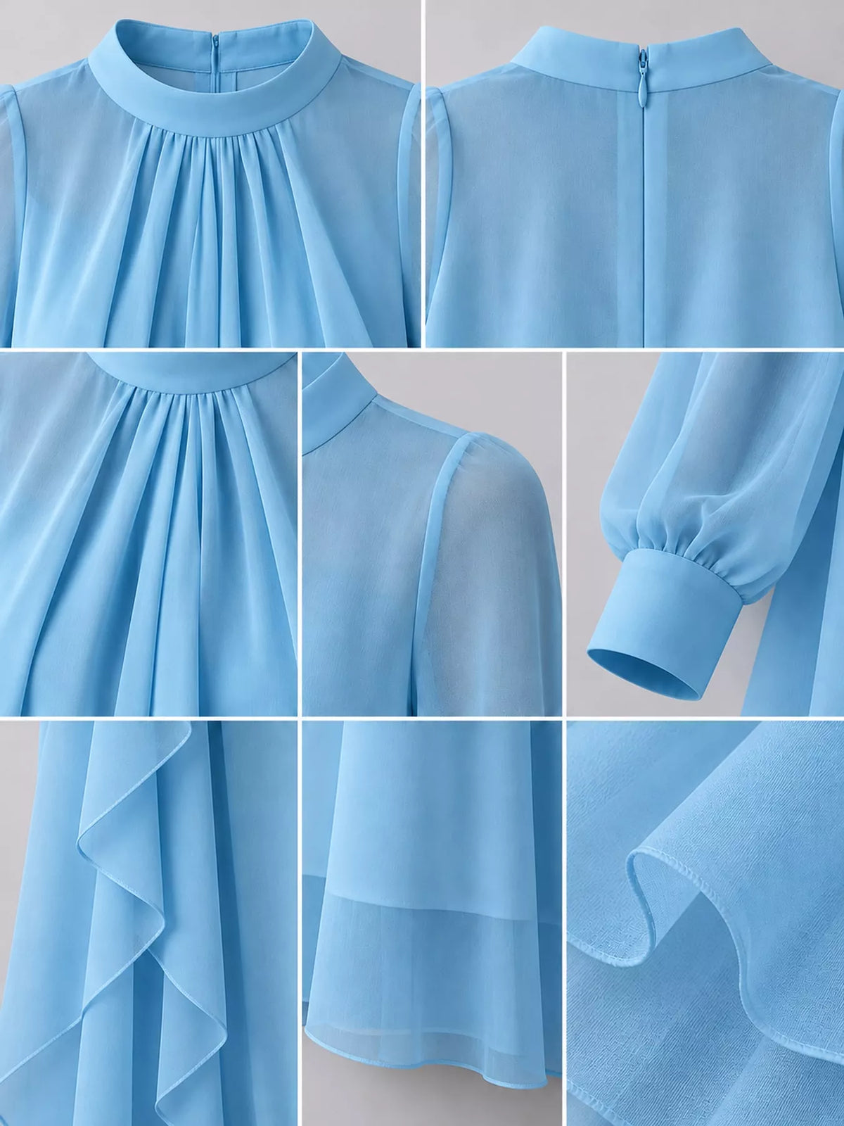 Light blue chiffon dress details: gathered high neck, back zipper, sheer sleeves, and layered hem