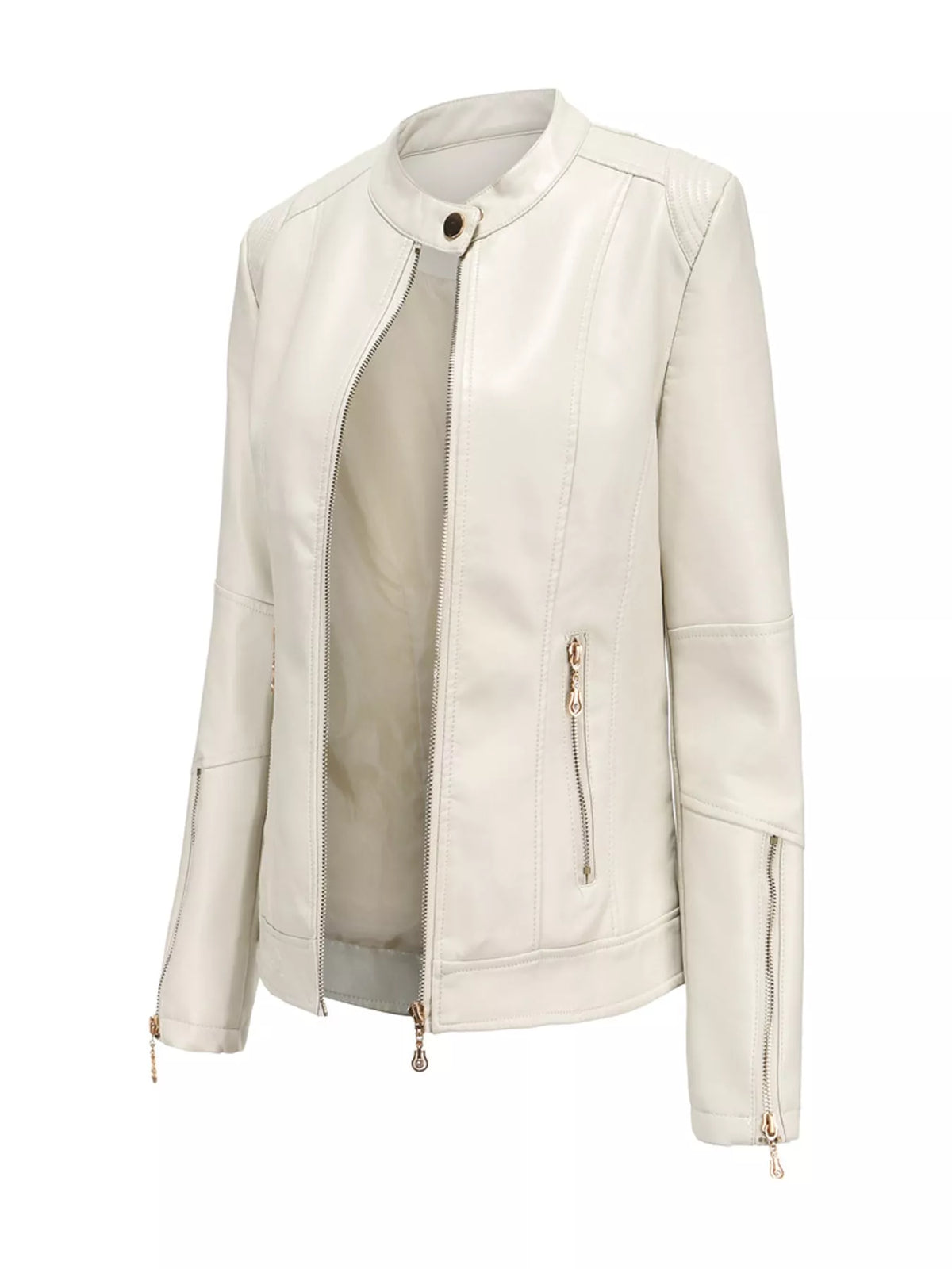 Off-white faux leather moto jacket with zip front and stand collar