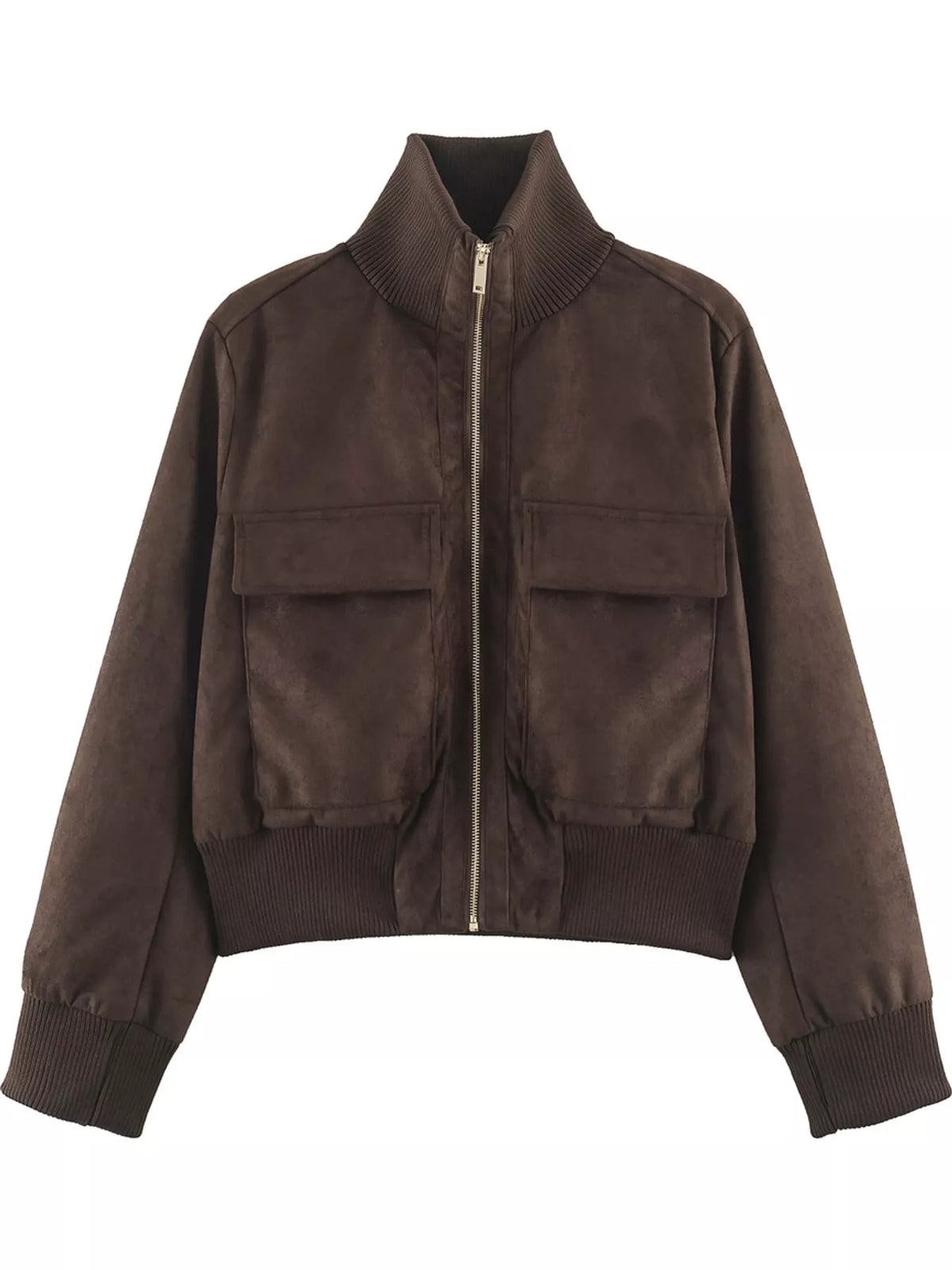 Brown zip-up jacket with ribbed stand collar, front zipper, and two flap chest pockets