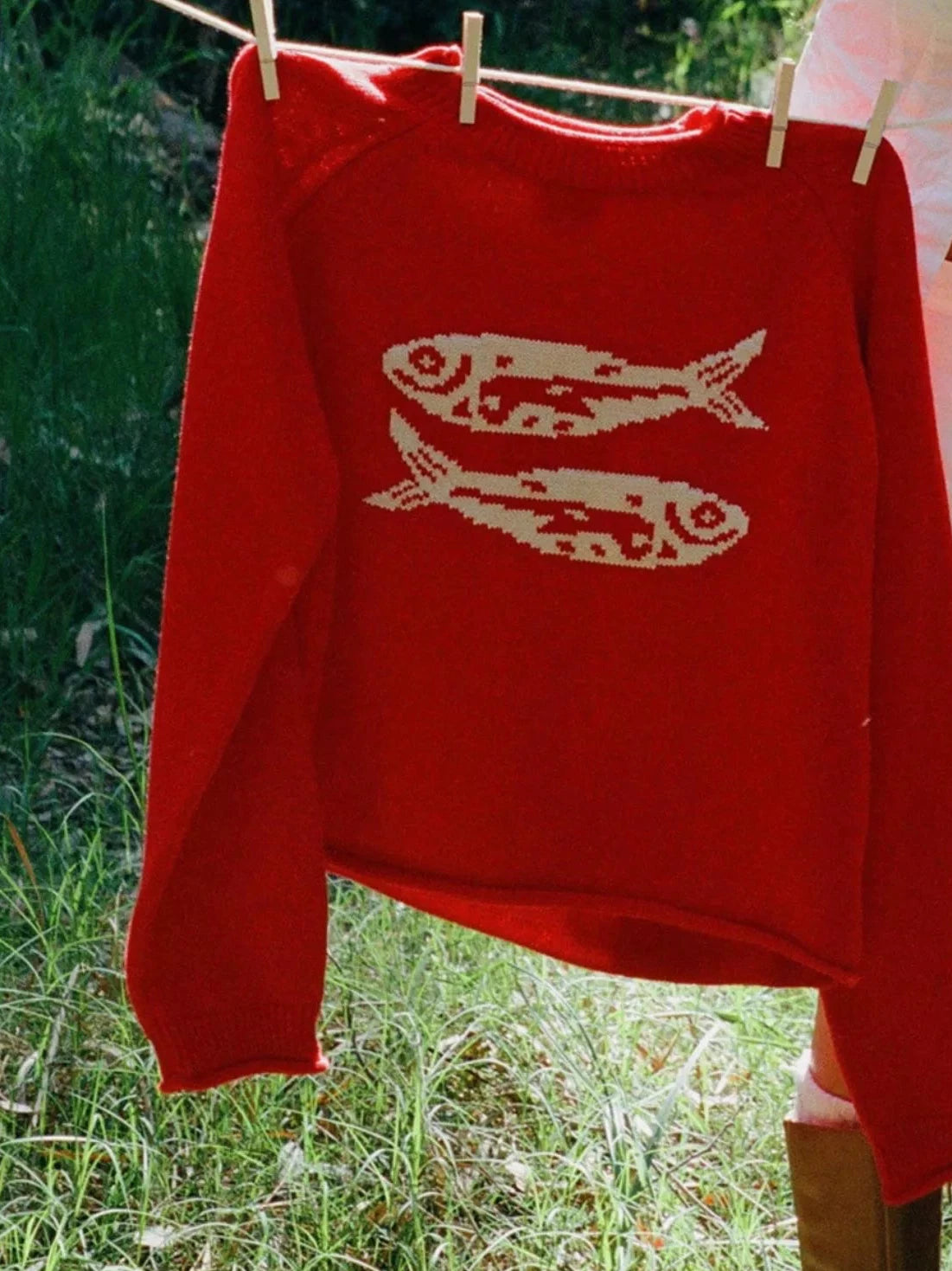 Red sweater with white fish graphic front, hanging on wooden clips