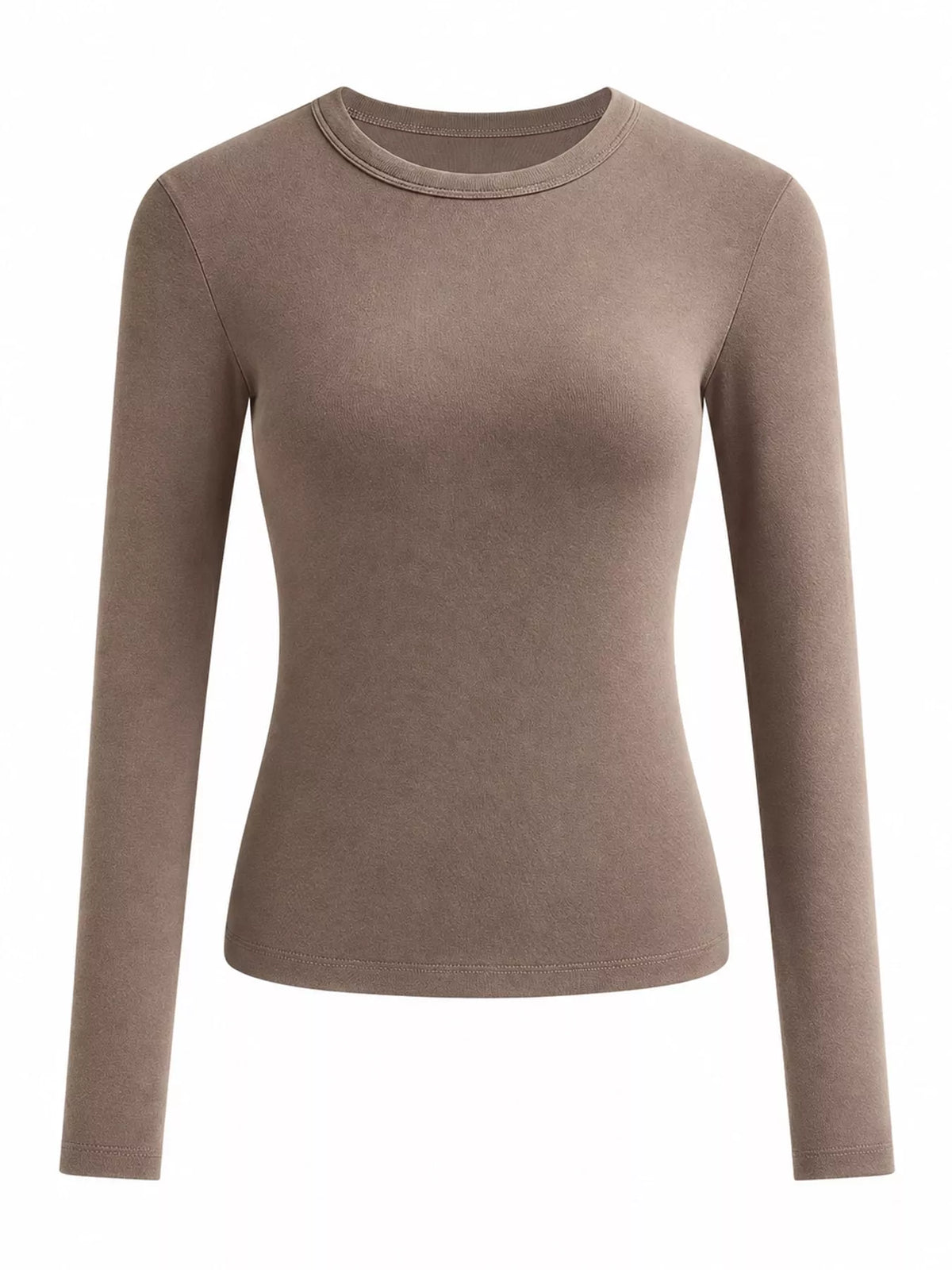Coffee-brown long-sleeve crew neck T-shirt, slim fit, front view