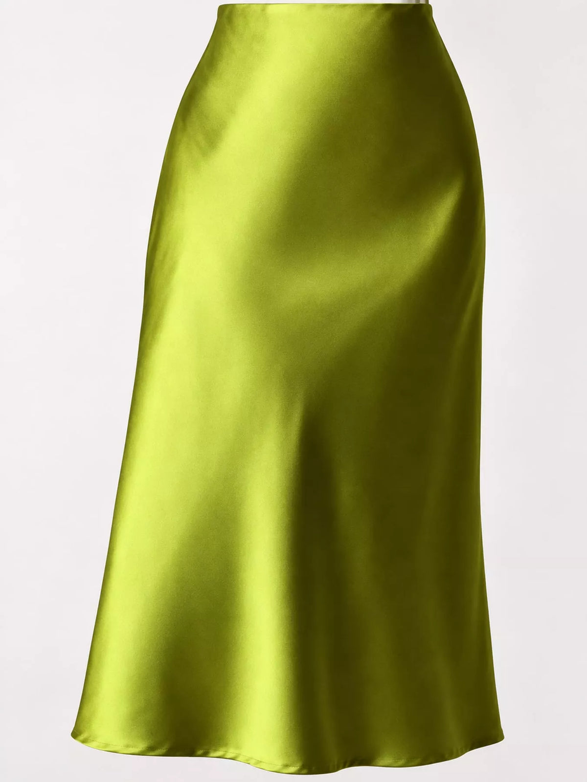 High-waisted satin midi skirt in lime green, angled view showing smooth drape