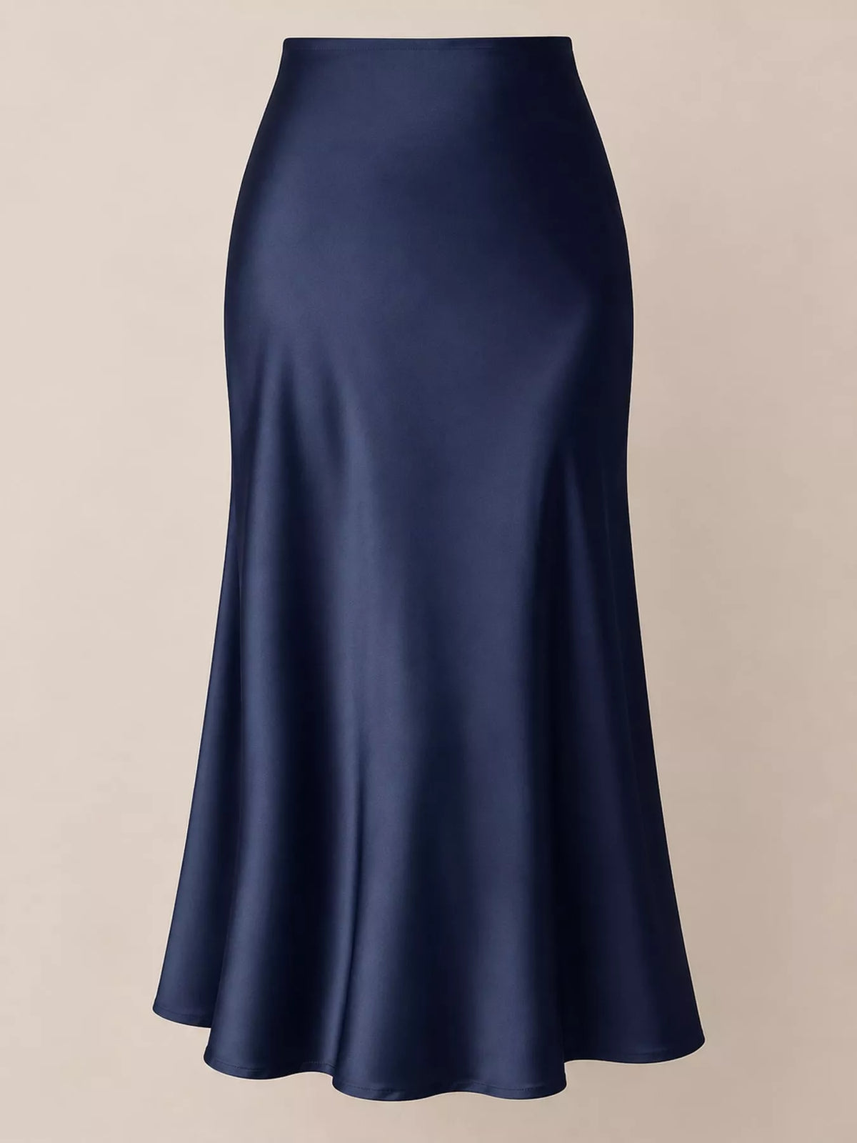 Navy satin high-waisted midi skirt, flowing straight A-line shape with soft sheen