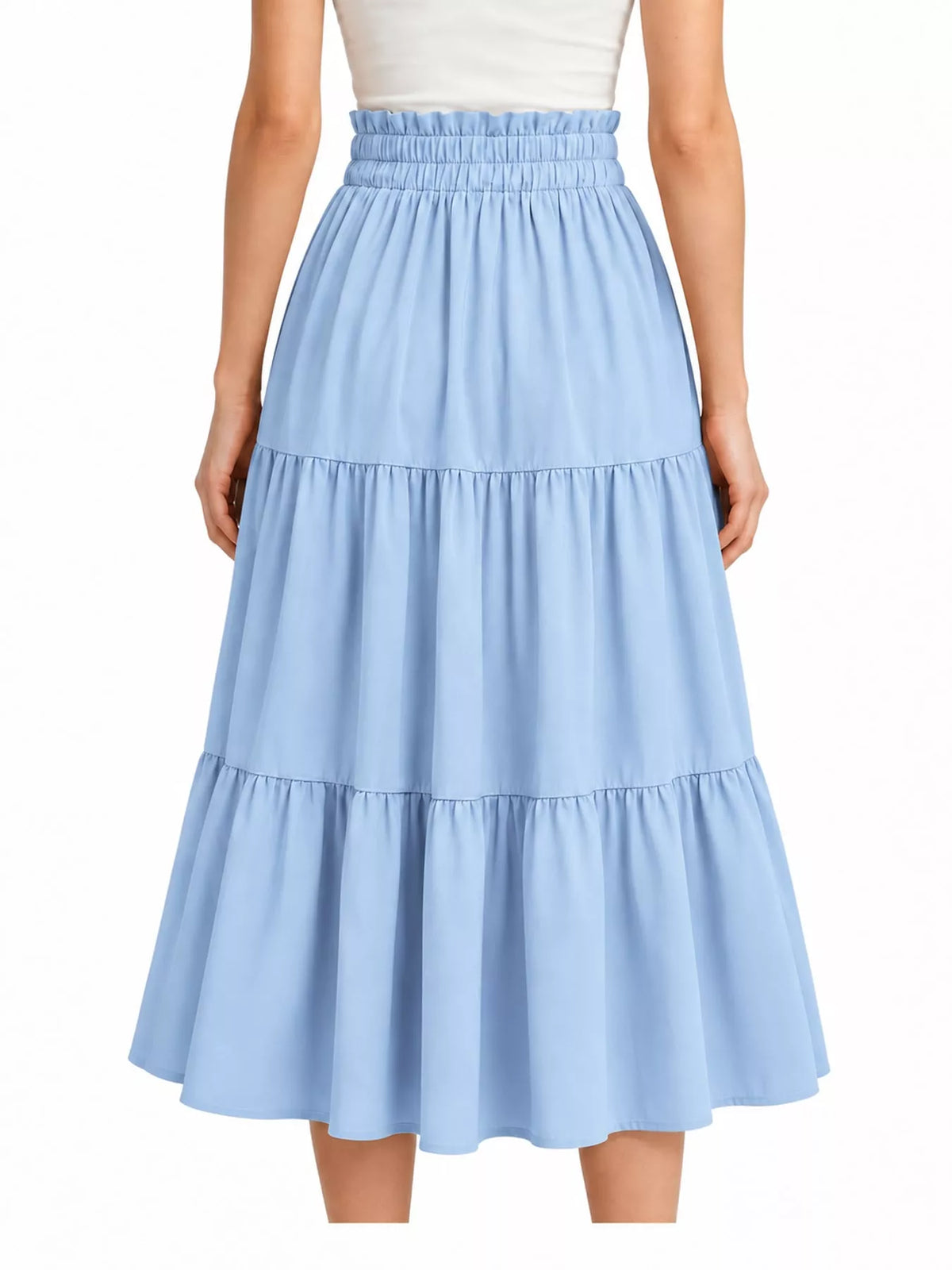 Sky blue tiered midi skirt with elastic waistband and drawstring tie, layered ruffle tiers.