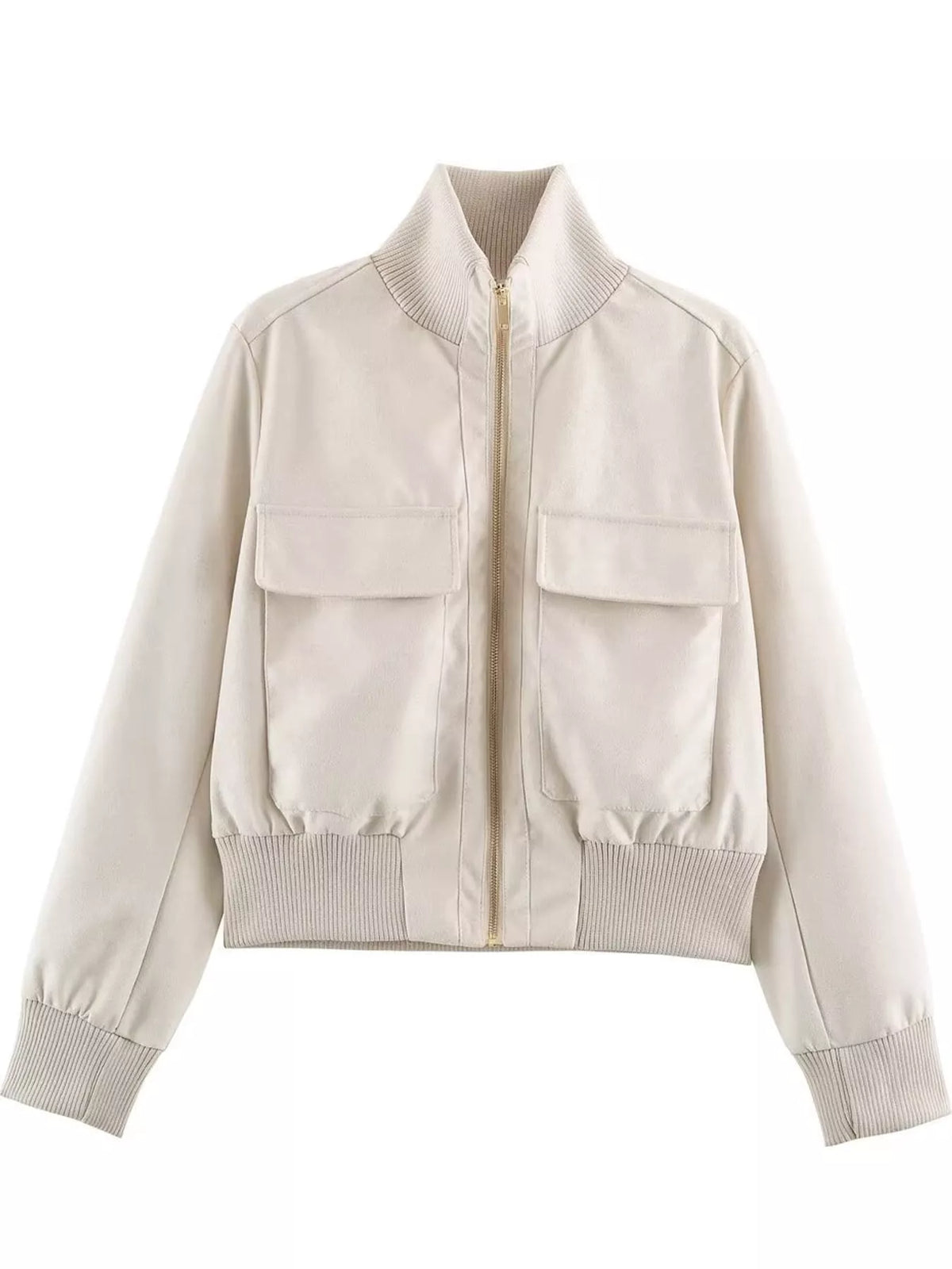 Front view cream zip-up long-sleeve jacket with two chest flap pockets and ribbed hem