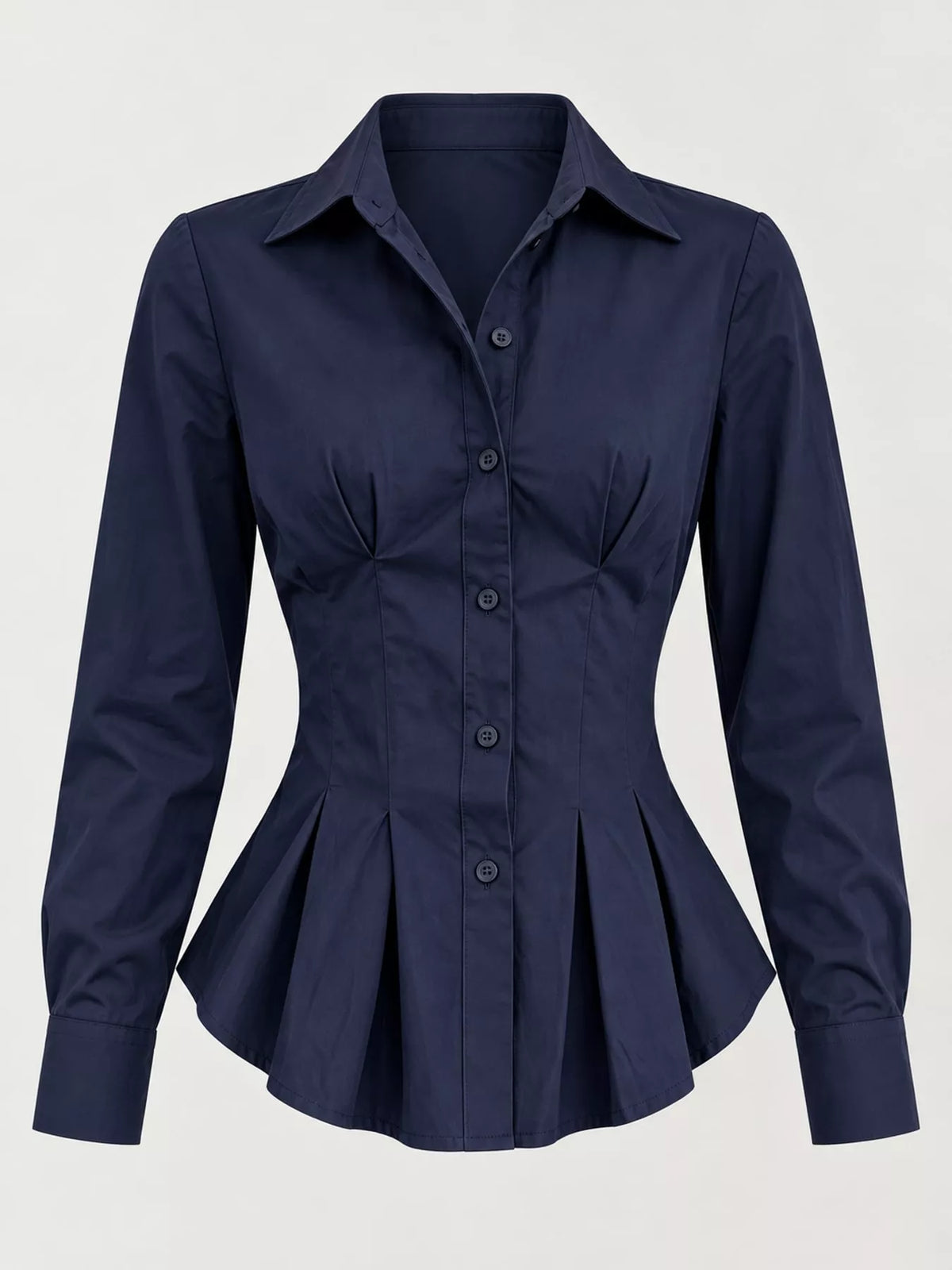 Navy button-down peplum blouse with fitted waist, front view, long sleeves