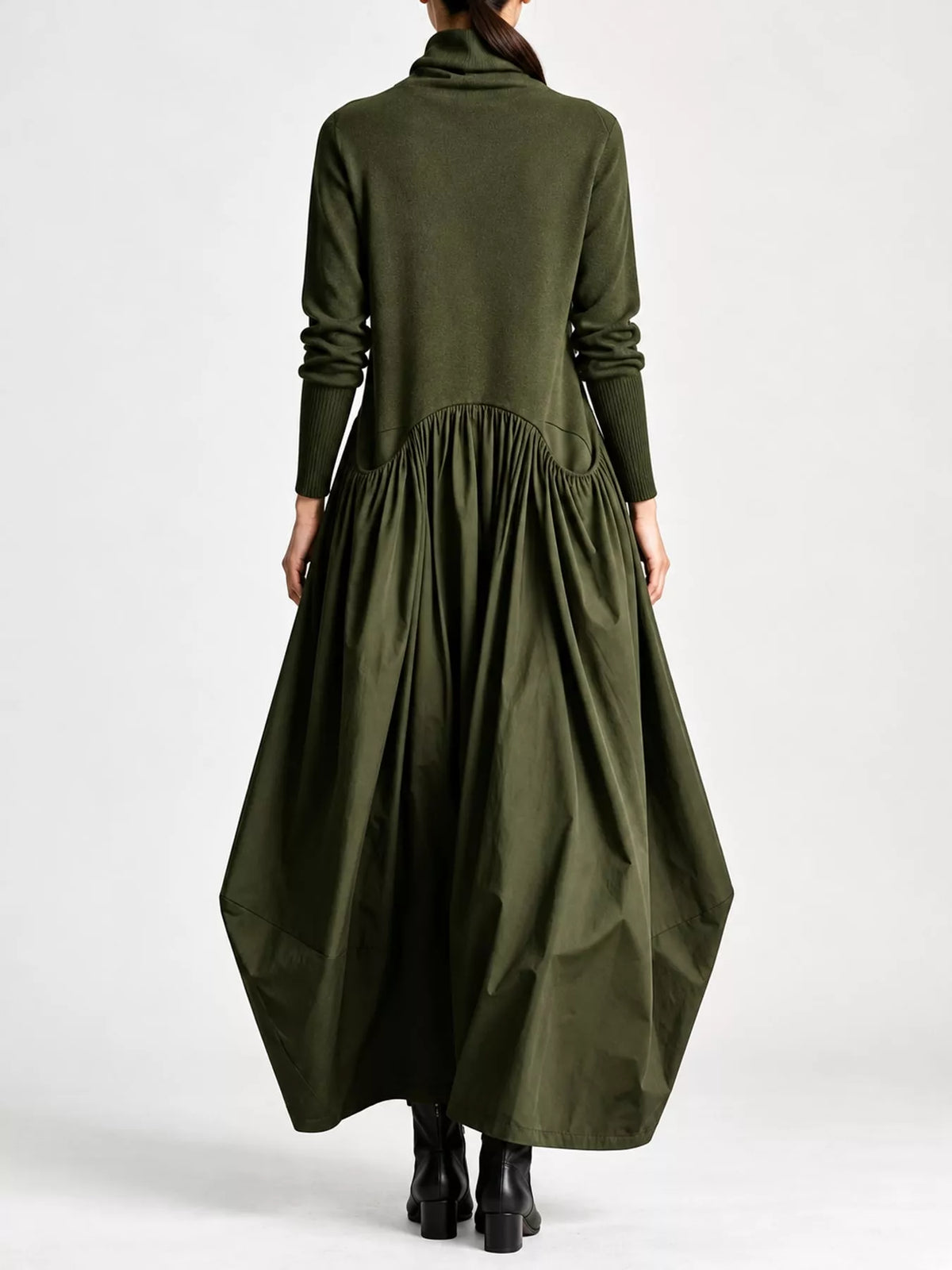 Olive-green long-sleeve turtleneck maxi dress with ruched waist, rear view