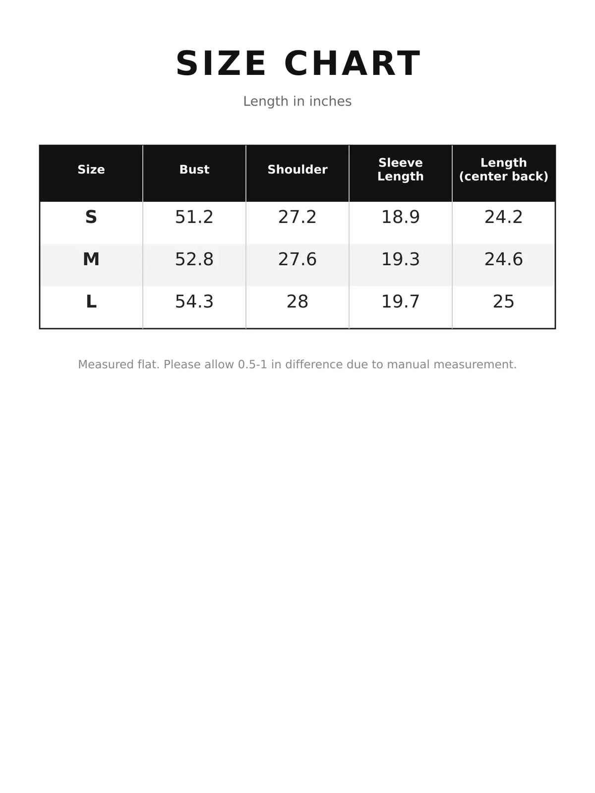 Jacket size chart table with bust, shoulder, sleeve, and length measurements