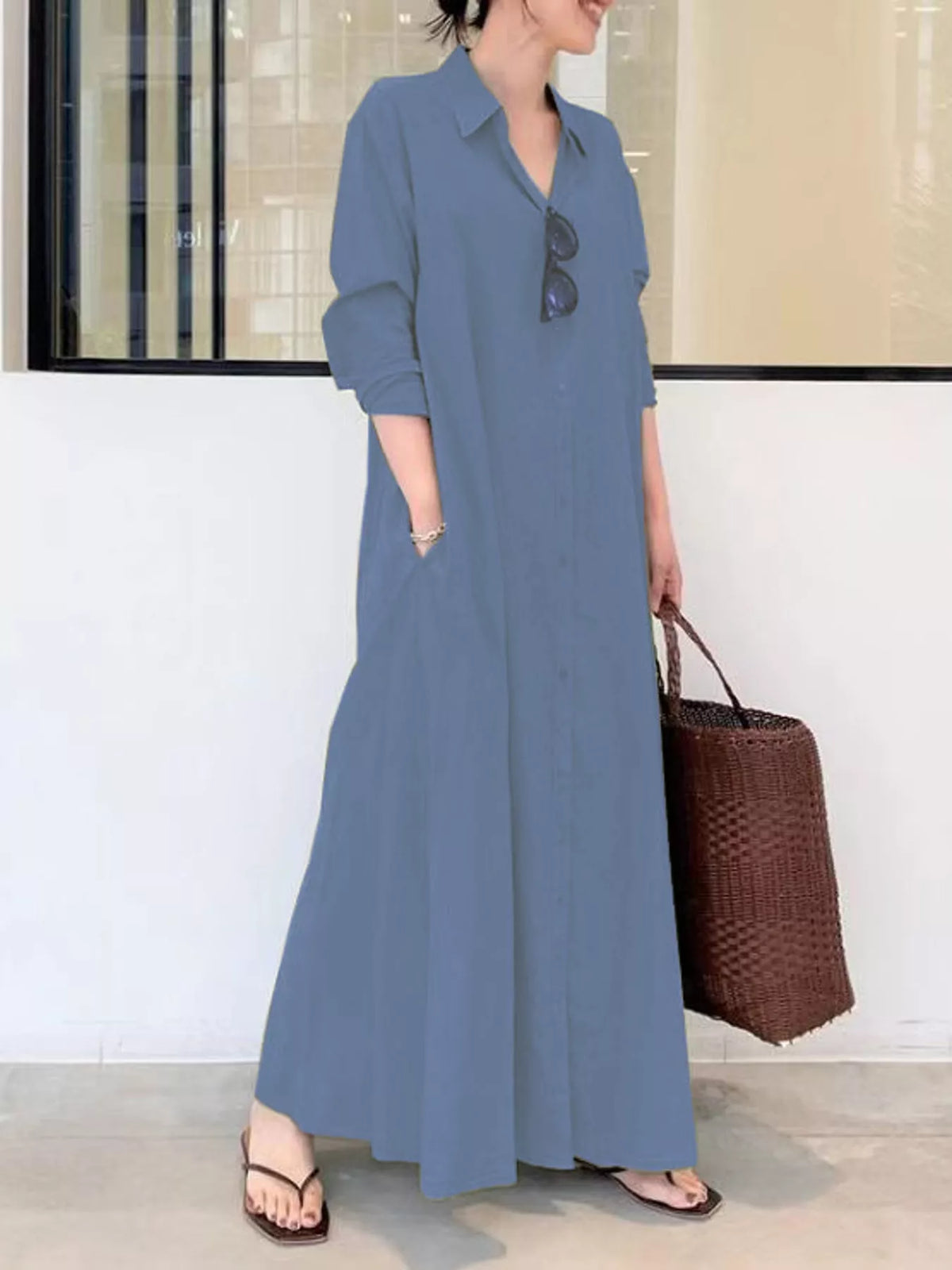 Light blue button-front long sleeve maxi shirt dress with V-neck collar
