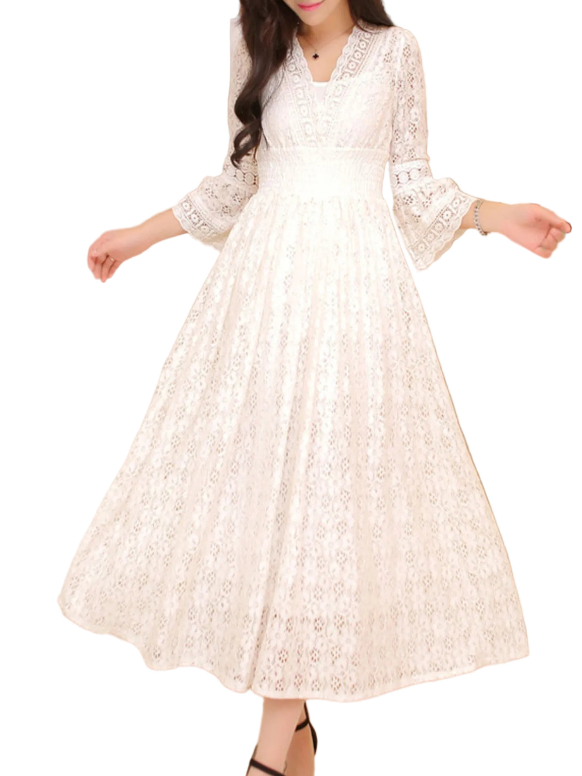 White lace midi dress with a fitted waist, V-neck, and flared three-quarter sleeves