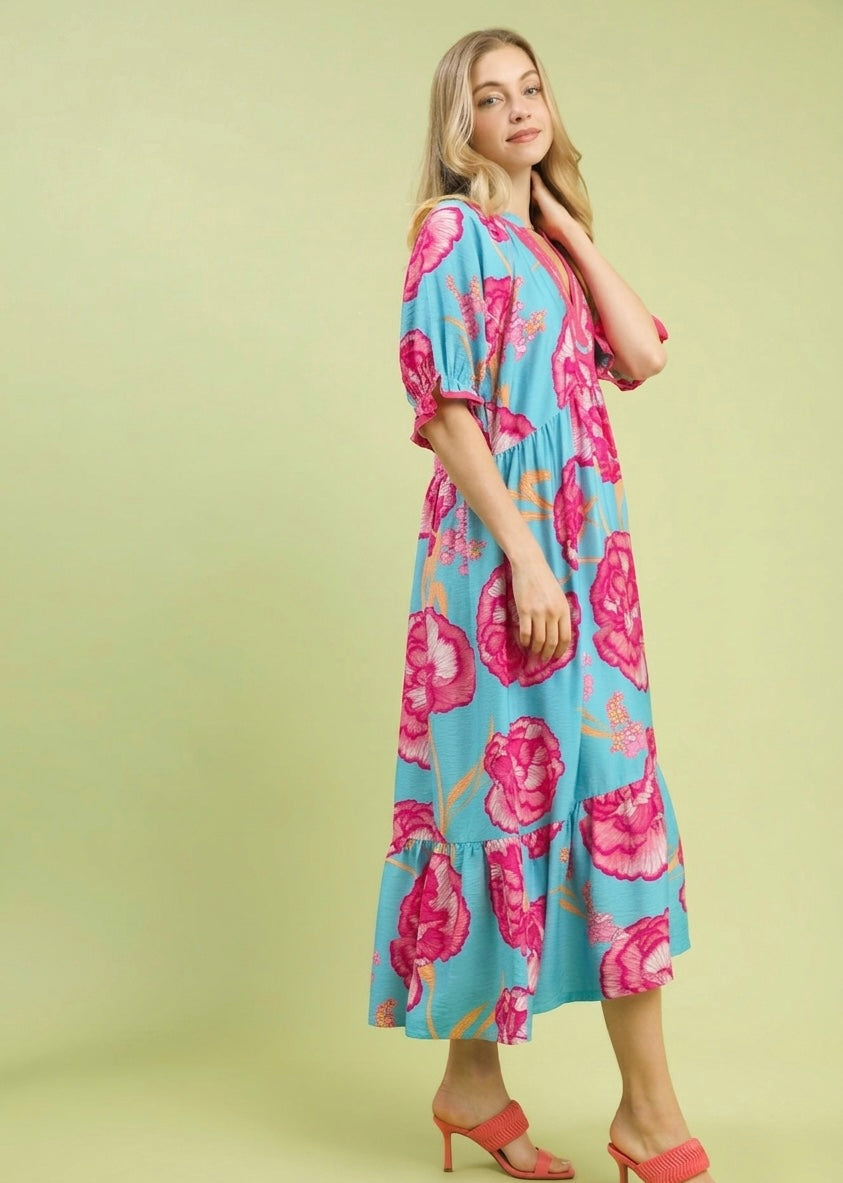 Umgee Floral Print Midi Dress with Contrast Trim