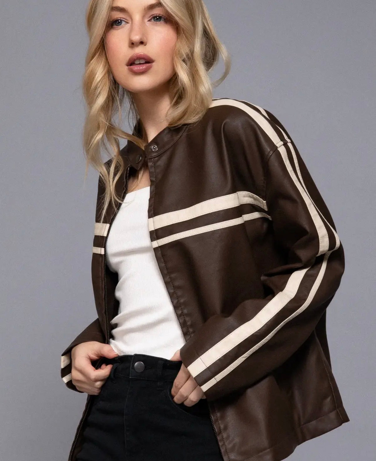 Brown faux leather jacket, white horizontal stripes on sleeves, zip-up front