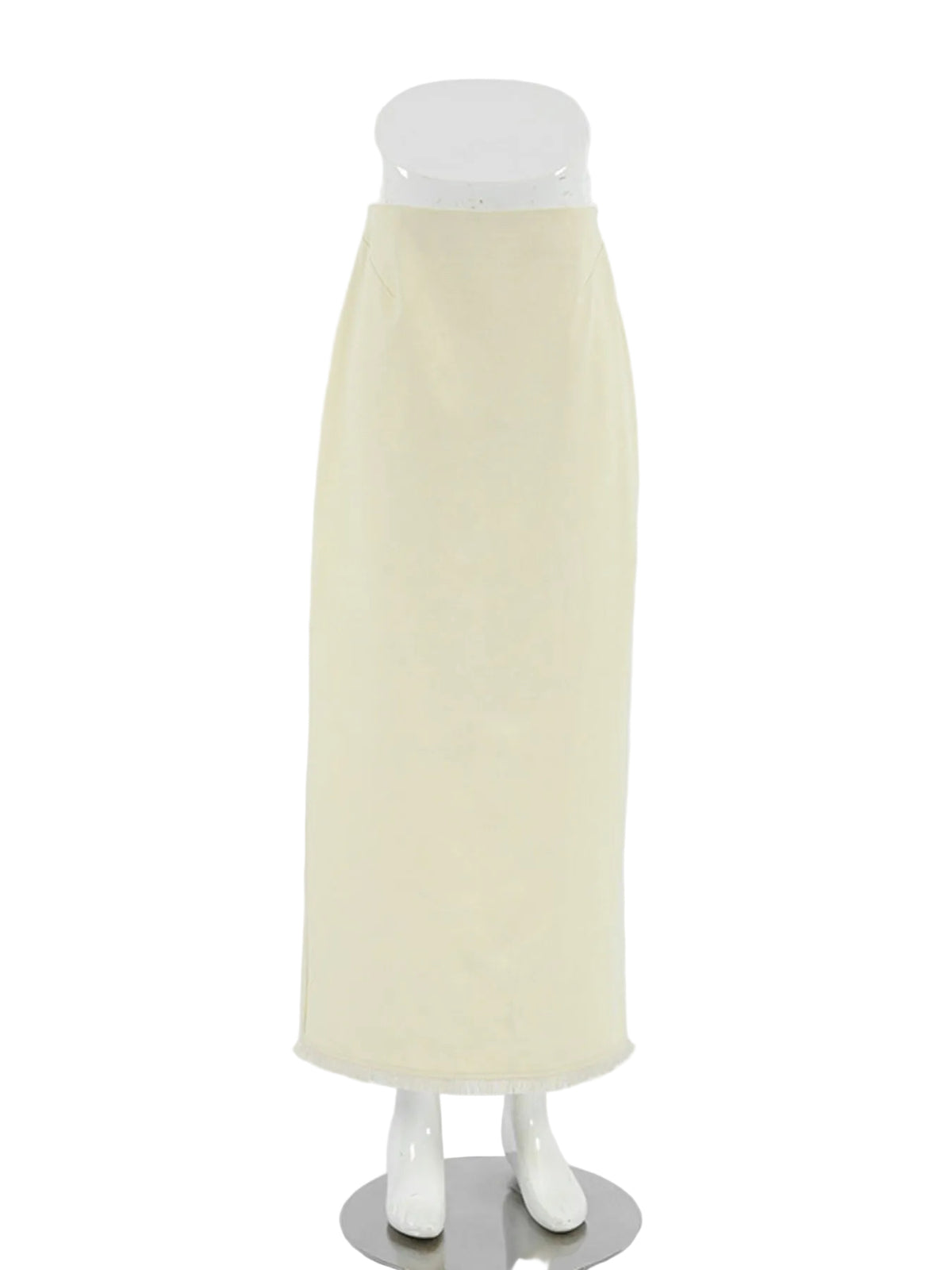 Beige midi skirt shown from the front with a clean, straight silhouette.
