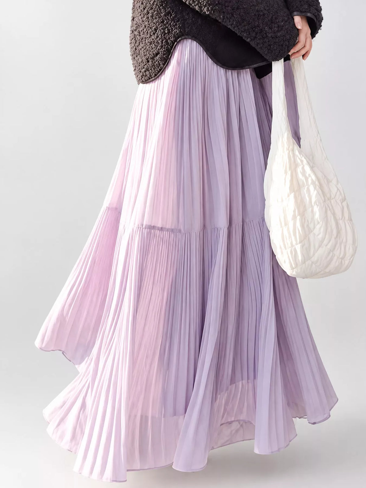 Light purple tiered pleated maxi skirt with high elastic waistband
