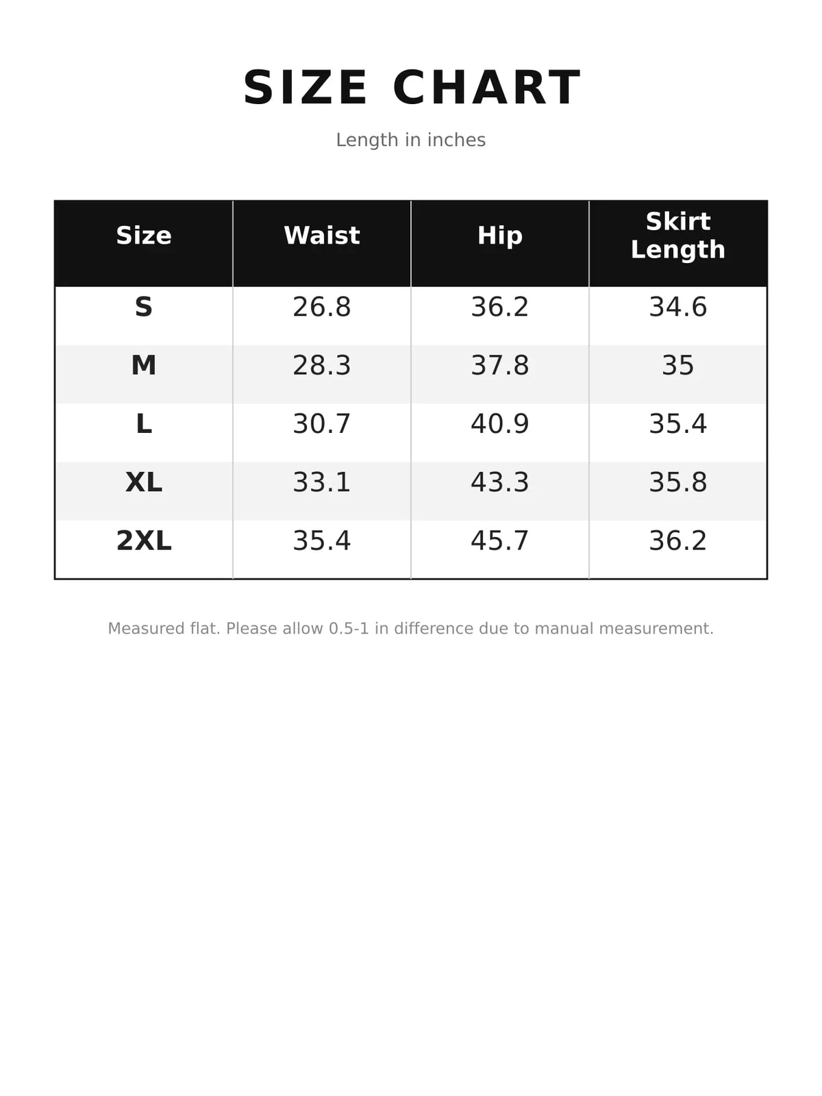 Size chart for the high-waisted fringe midi skirt, listing waist, hip, and length measurements.
