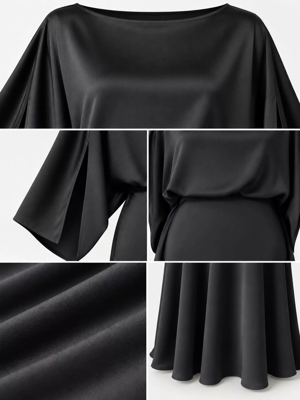 Black satin maxi dress detail: flowy cape sleeves, gathered waist, full skirt