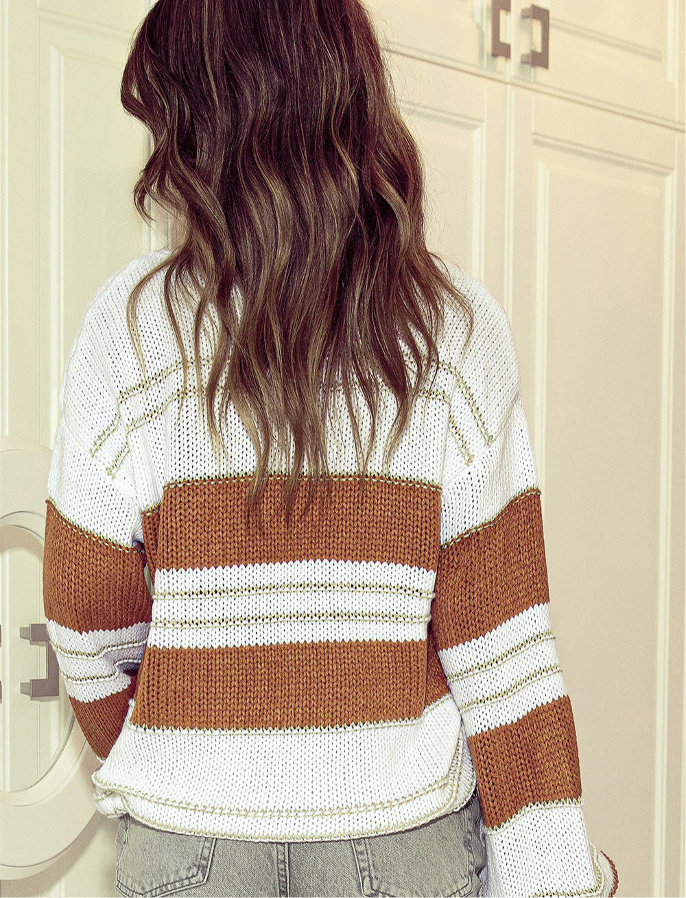 Striped Drop Shoulder Lantern Sleeve Sweater