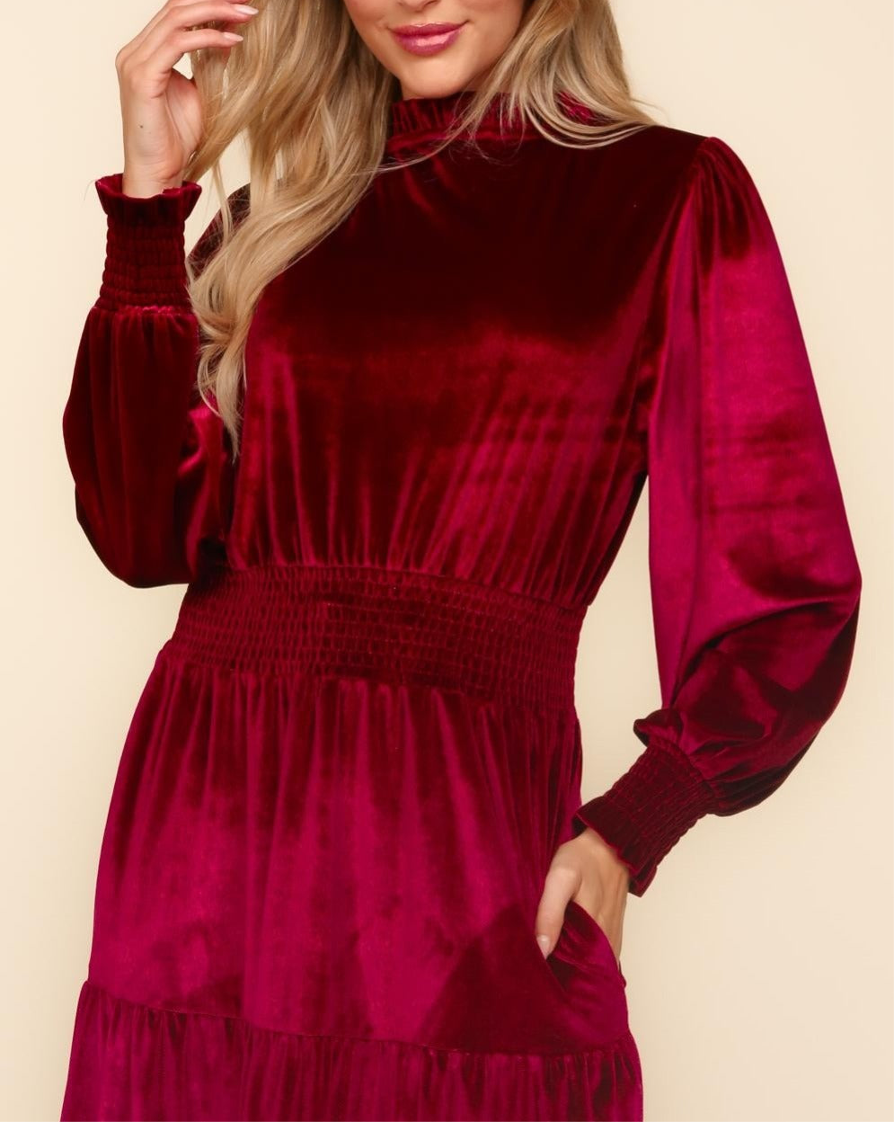 Haptics Mock Neck Smocked Waist Velvet Tiered Dress