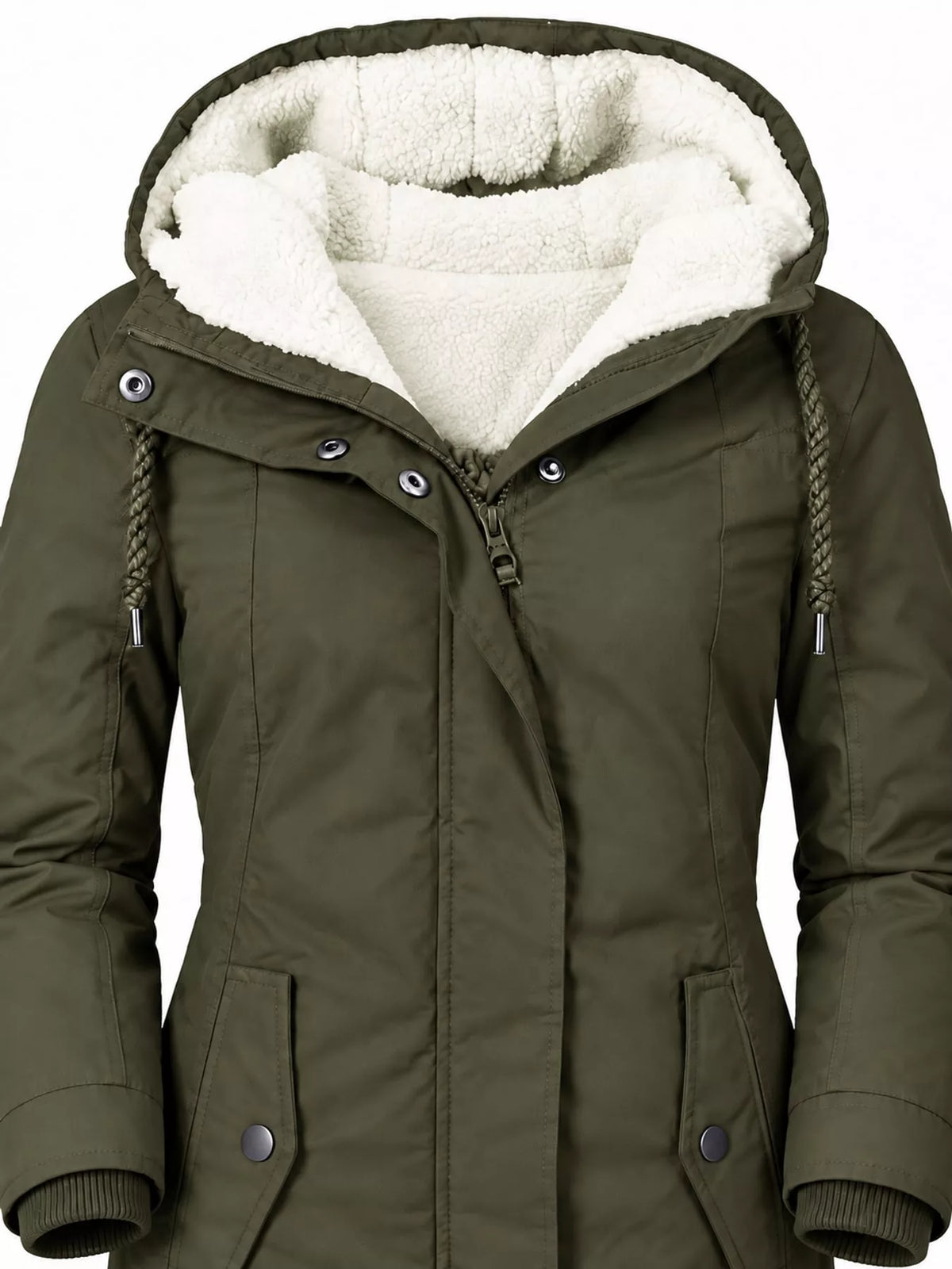 Olive green sherpa-lined hooded parka, front close-up with metal snaps and drawstring