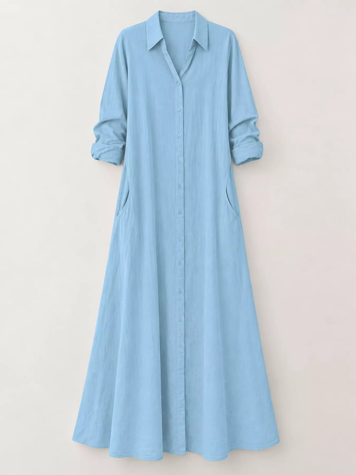 Light blue button-front long-sleeve maxi shirt dress, collared neckline and centered buttons