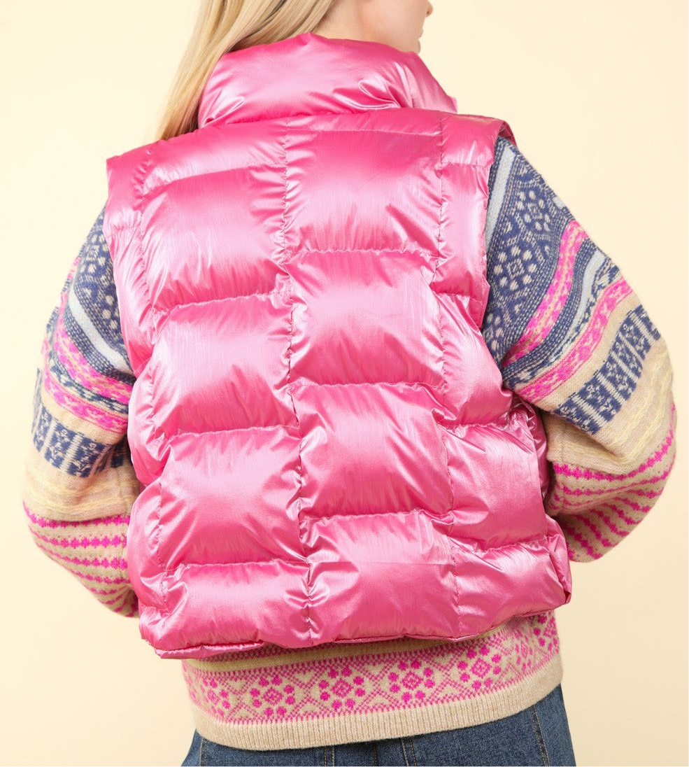 VERY J Shiny Metallic Zip Up Puffer Vest