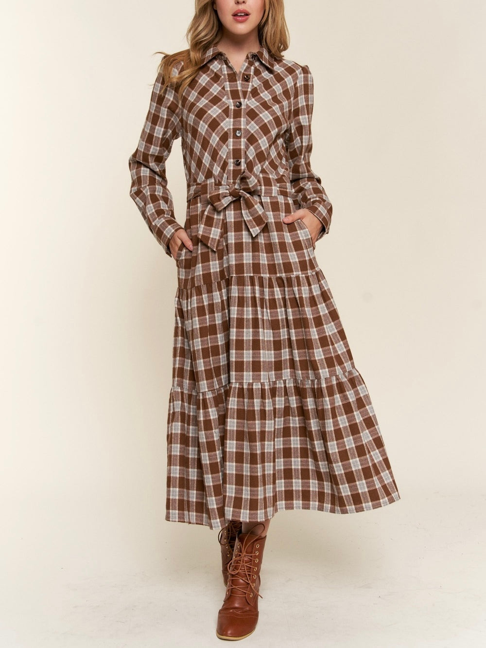 And the Why Plaid Tiered Midi Shirt Dress