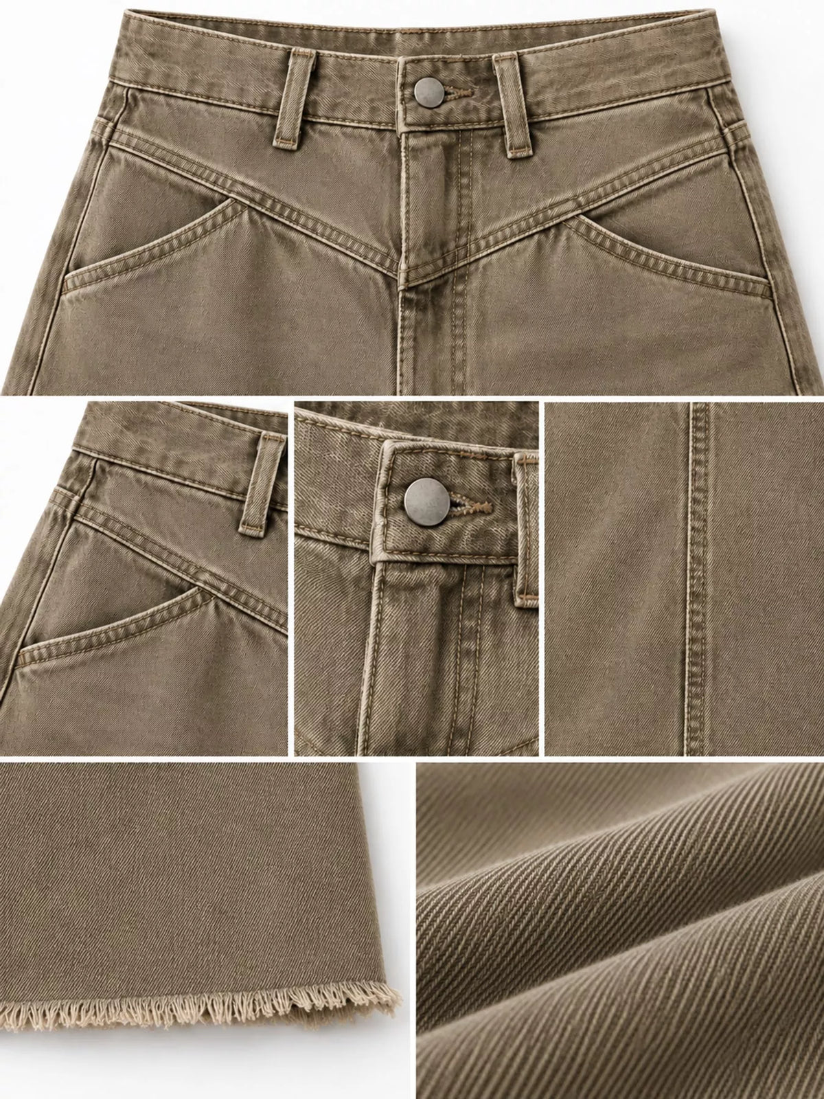Coffee-brown denim maxi skirt detail: button front, patch pockets, raw hem