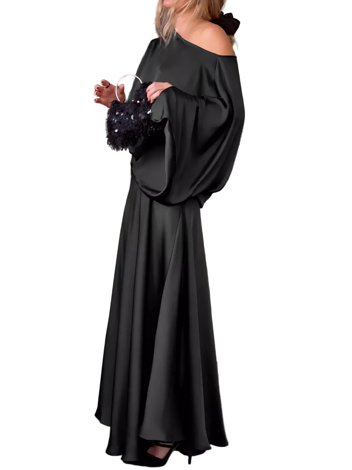 Black satin maxi dress with cape sleeves and gathered waist