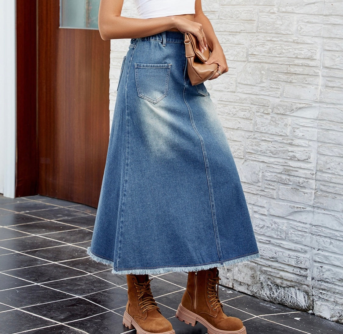 Raw Hem Buttoned Denim Skirt with Pockets