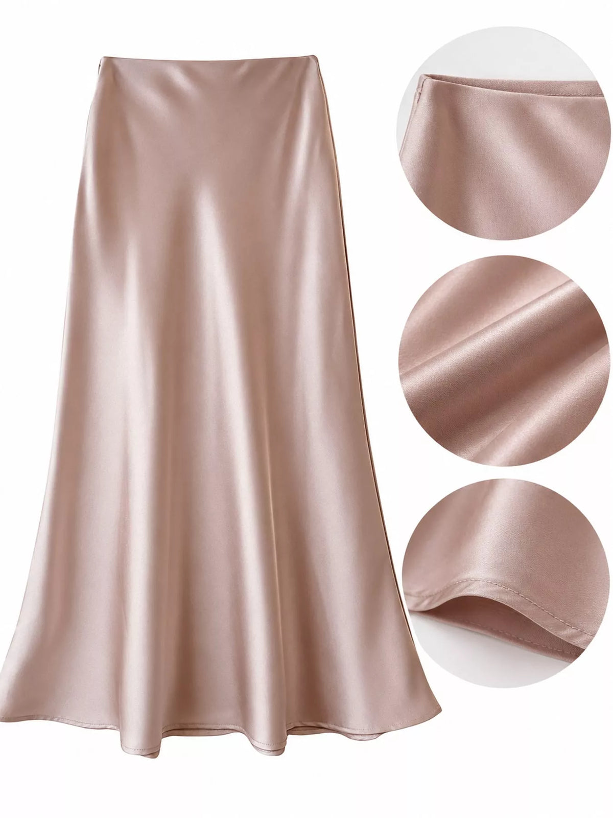 Dusty pink satin midi skirt with close-ups of the waistband, fabric, and hem