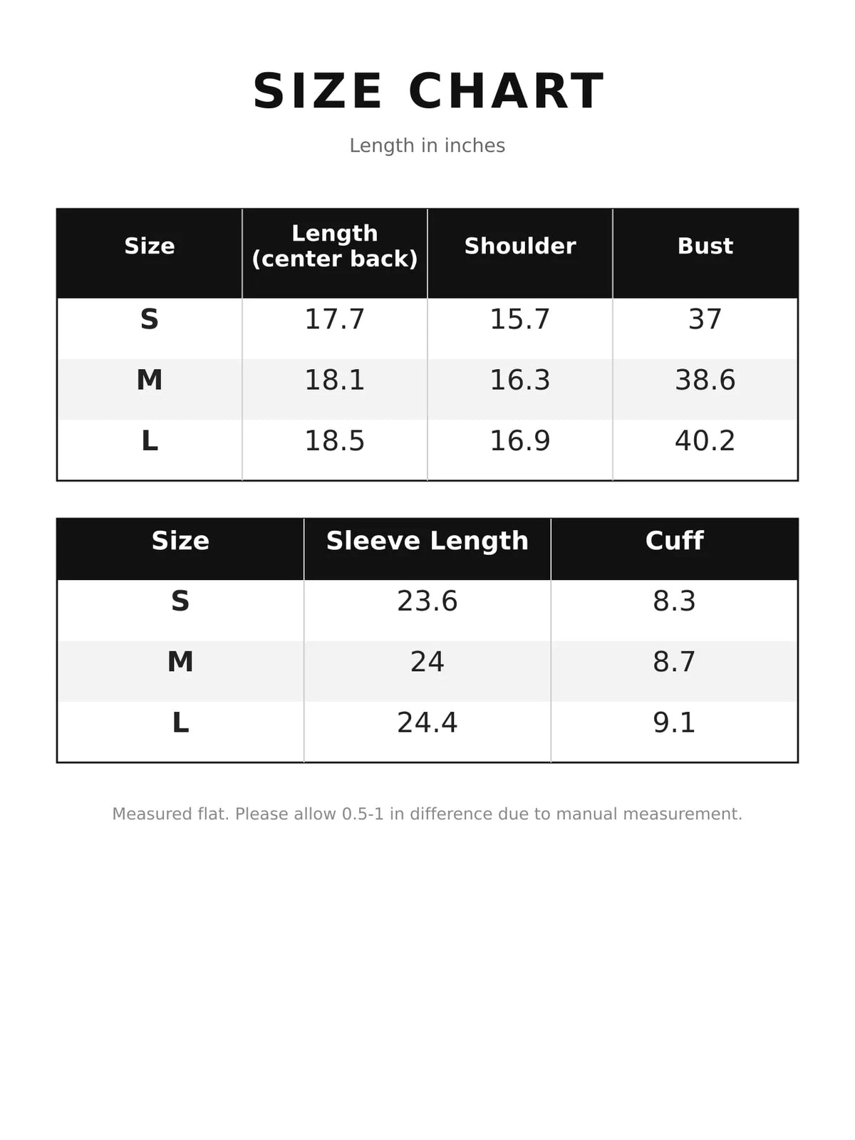 Size chart for cropped denim jacket: length, shoulder, bust; sleeve length and cuff