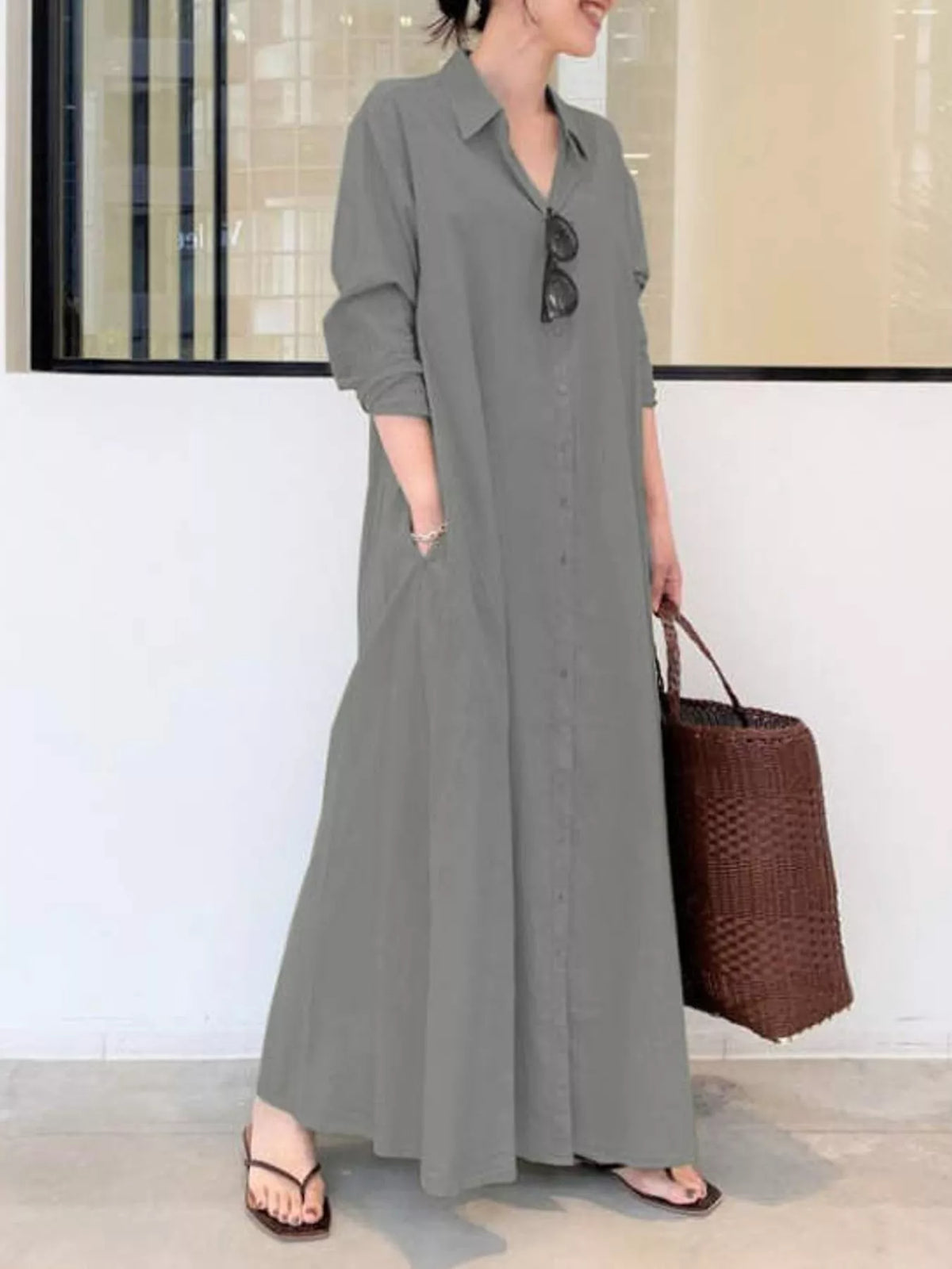 Gray button-front long-sleeve maxi shirt dress with V neckline and side pockets