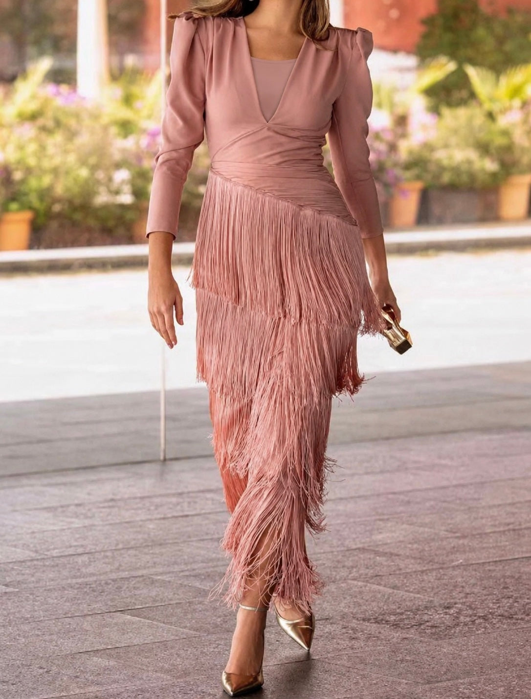 V-Neck Fringe Midi Dress