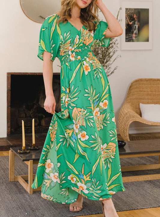 ODDI Full Size Floral Smocked Tied Back Maxi Dress