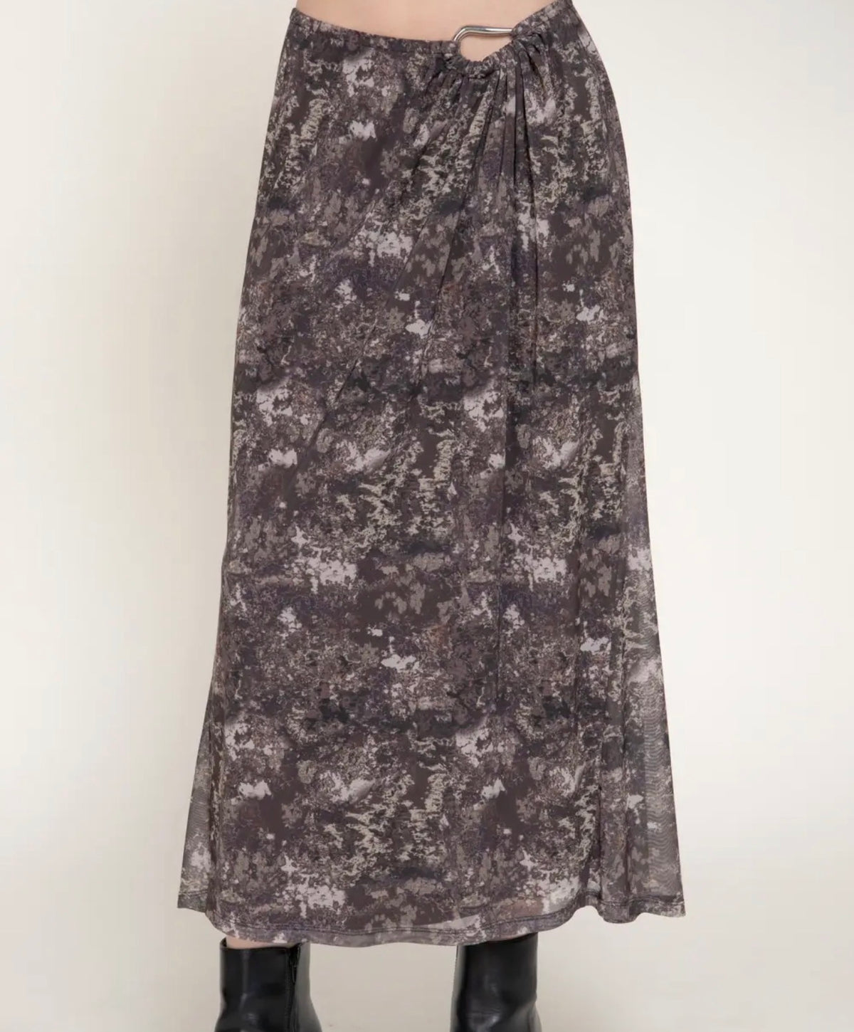 Printed mesh maxi skirt with tie-waist drawstring and draped fit