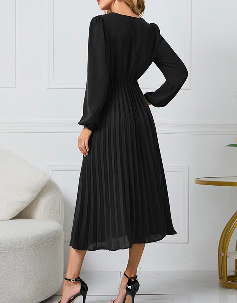 V-Neck Long Sleeve Tie Waist Midi Dress