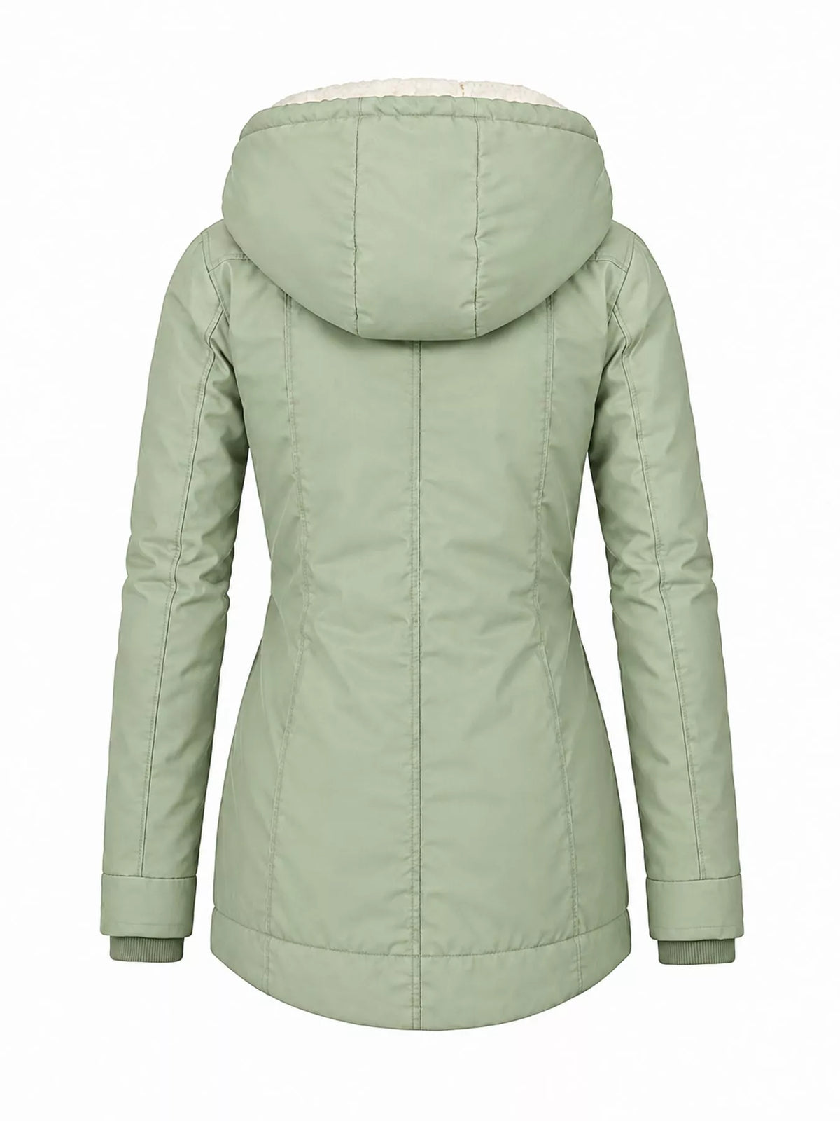 Light green hooded sherpa-lined parka back view with padded hood