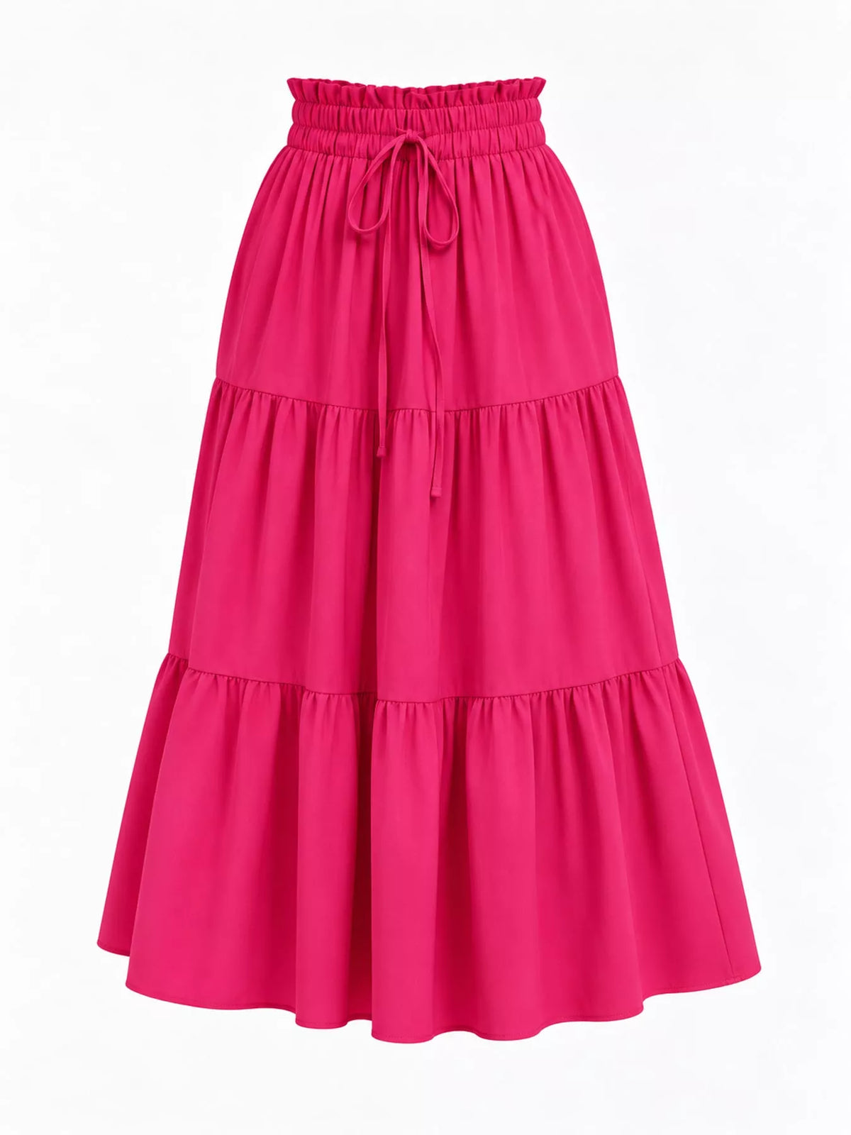 Hot pink tiered midi skirt with gathered elastic waistband and tie at front.