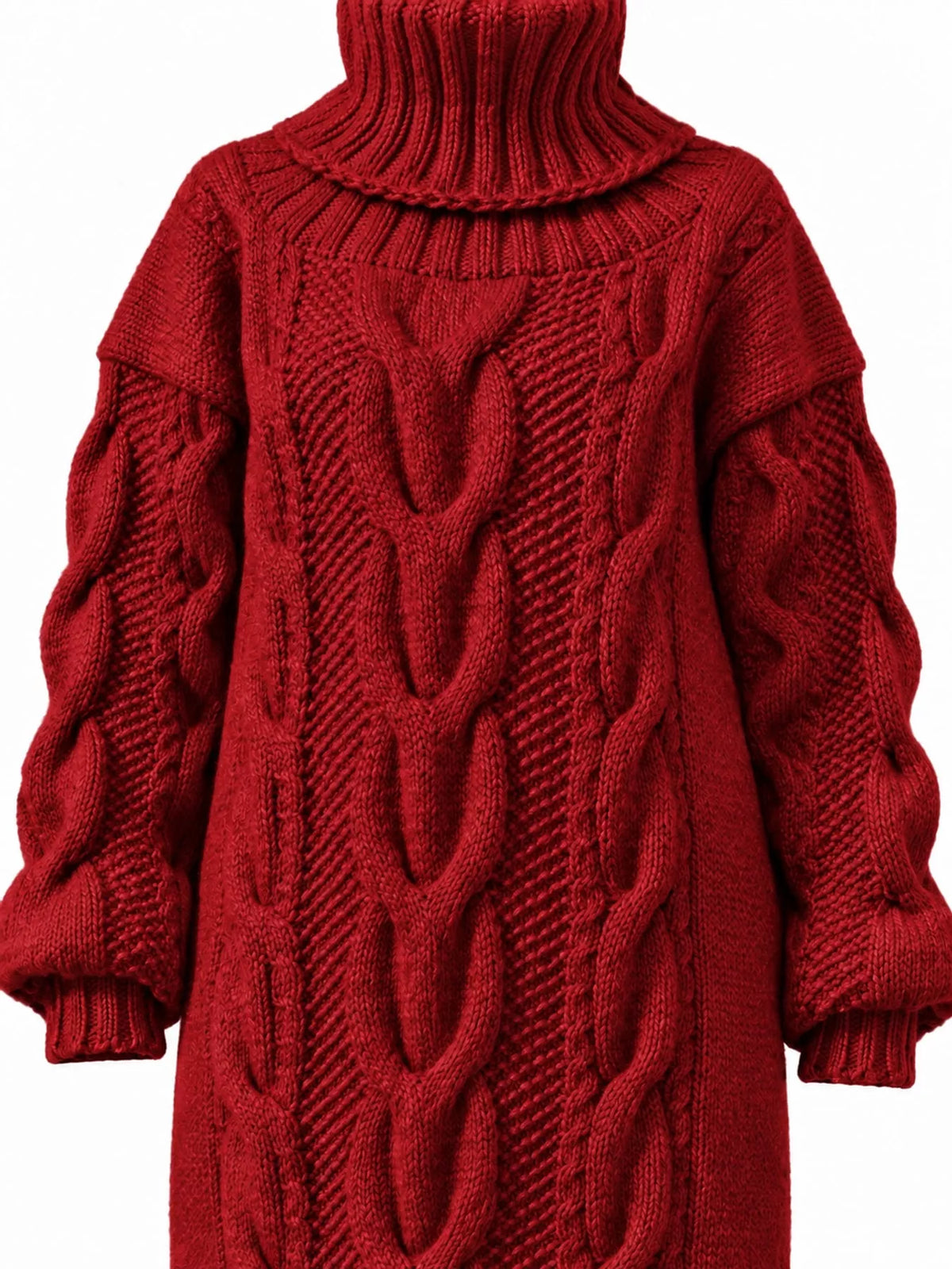 Chunky cable knit turtleneck sweater dress, red, textured cable pattern, long sleeves