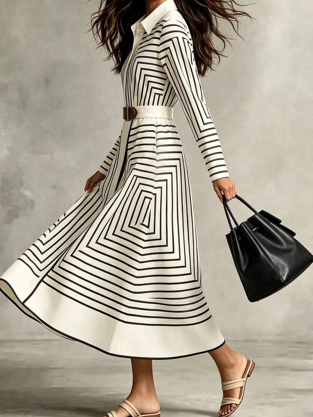 Side view of a flared white midi shirt dress with black geometric stripes and a belt