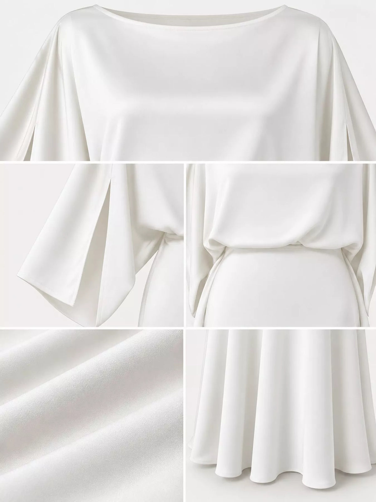 White satin maxi dress detail: cape sleeves, draped bodice, gathered waist, full skirt