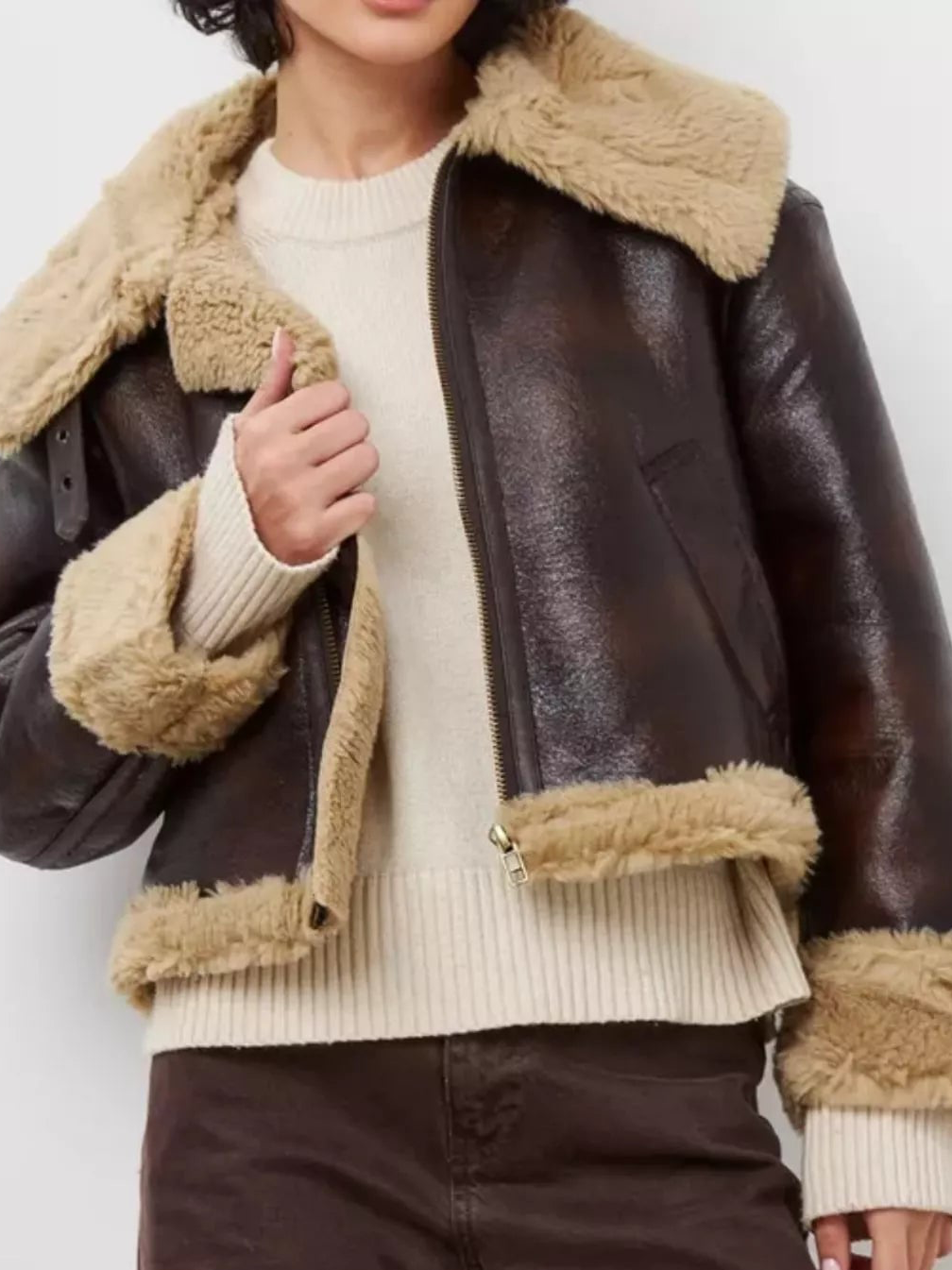 Dark brown aviator jacket with shearling trim, full zipper, ribbed knit hem and cuffs
