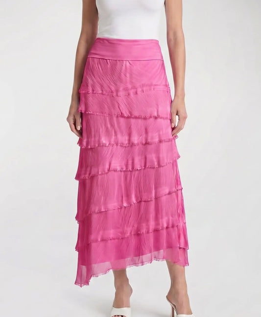 Pink silk midi ruffle skirt with horizontal tiered rows and sheer underlayer