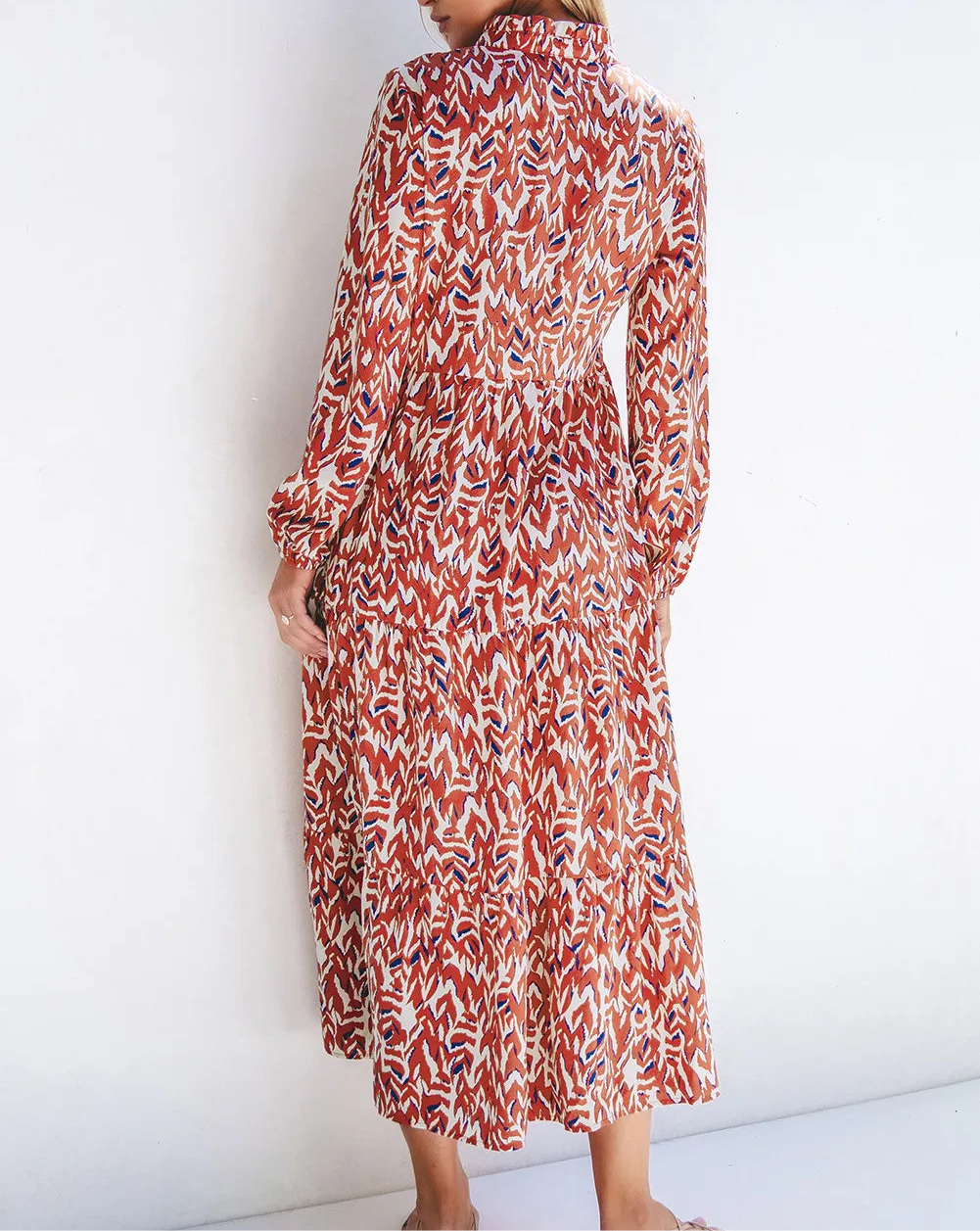 Printed Notched Long Sleeve Dress